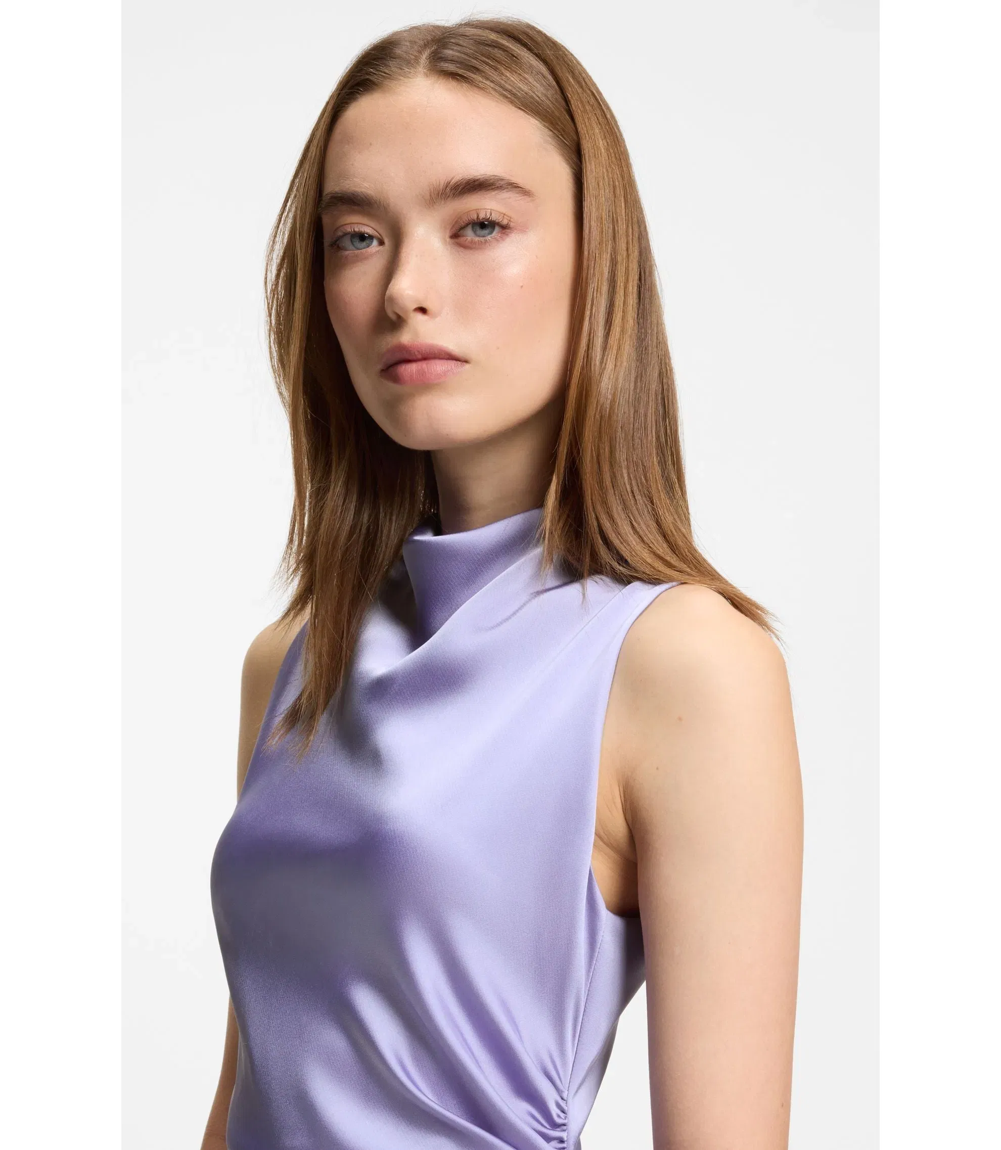 Hugo Gathered Detail Maxi Dress In Satin Purple Women's