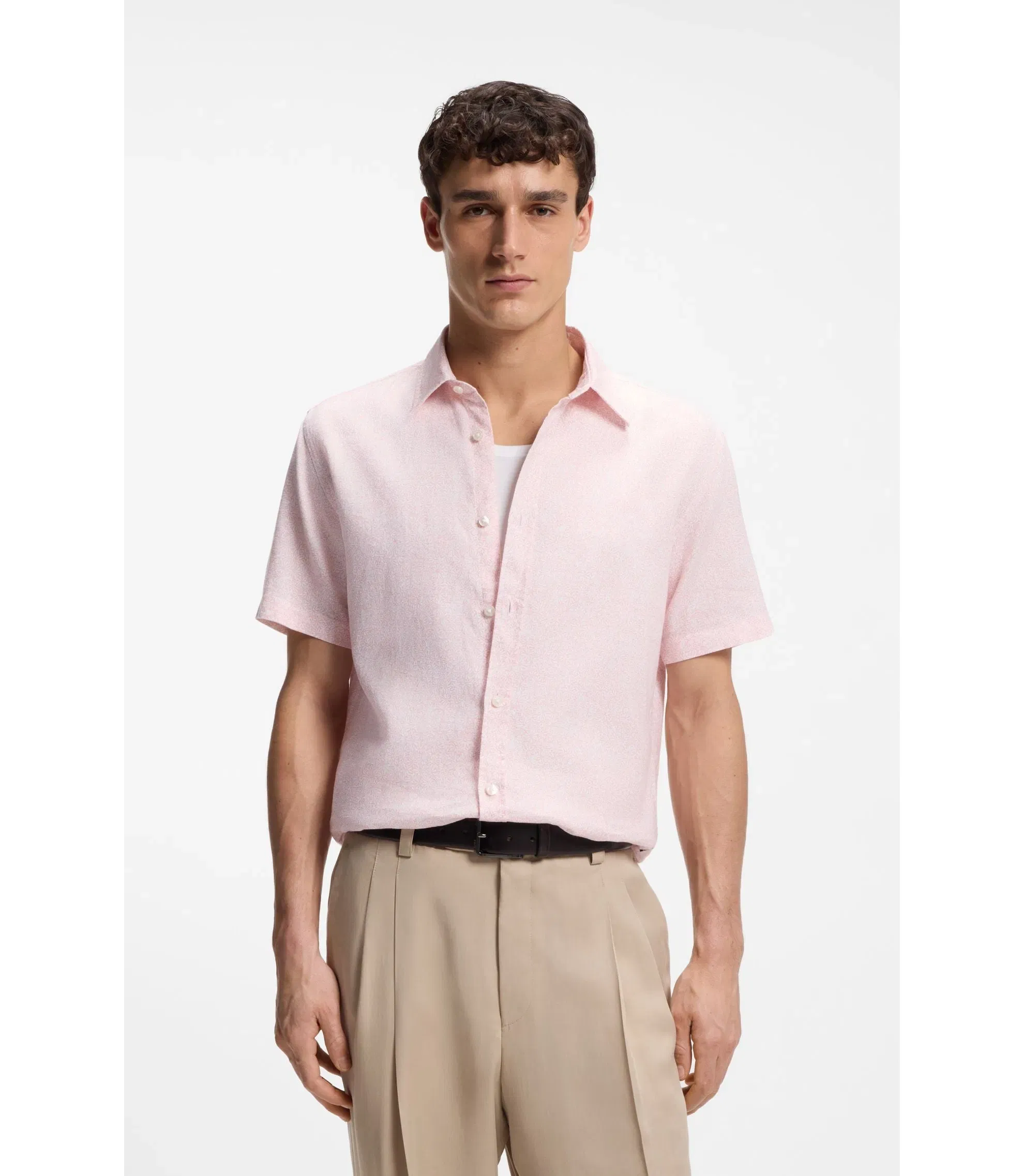 Boss Floral Print Slim Fit Shirt In Stretch Linen Light Pink