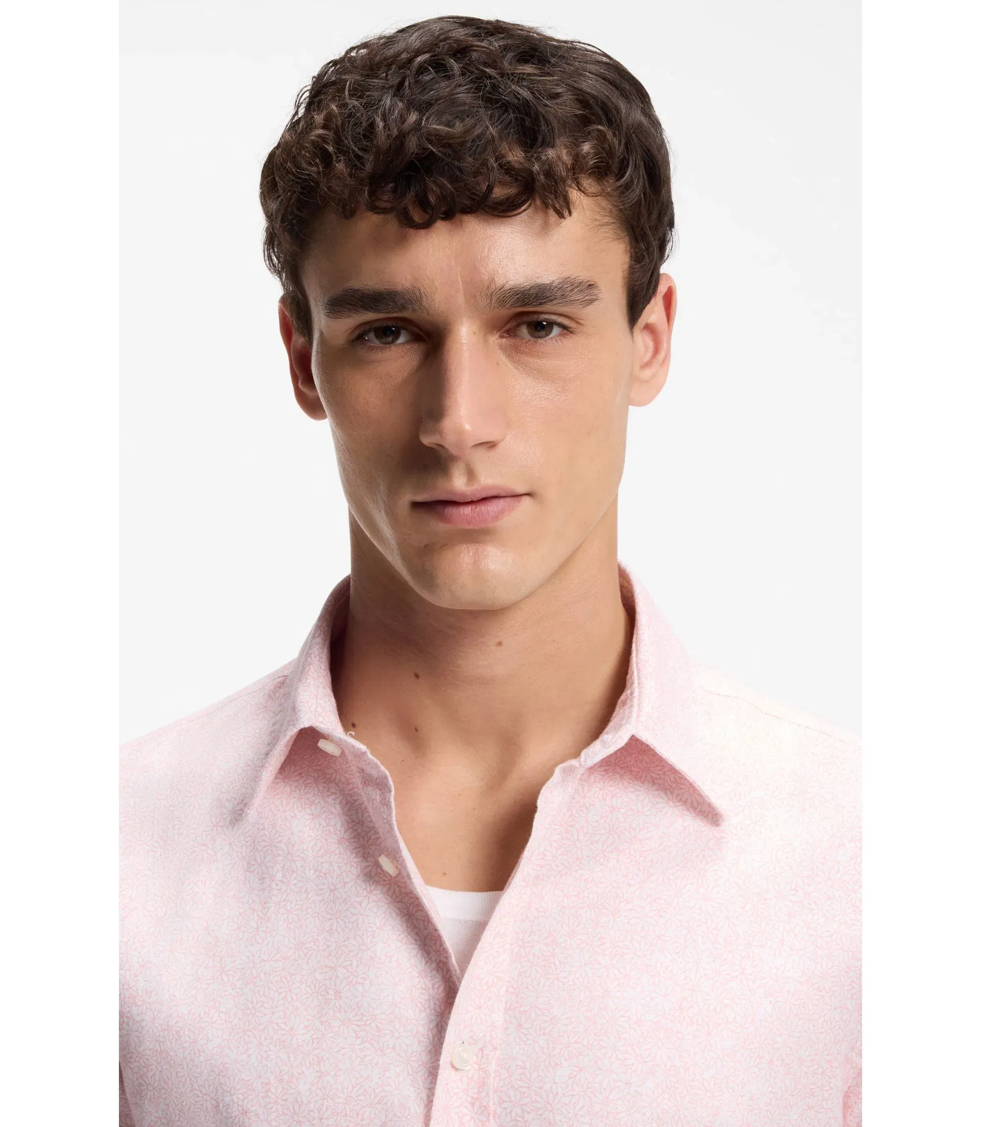 Boss Floral Print Slim Fit Shirt In Stretch Linen Light Pink