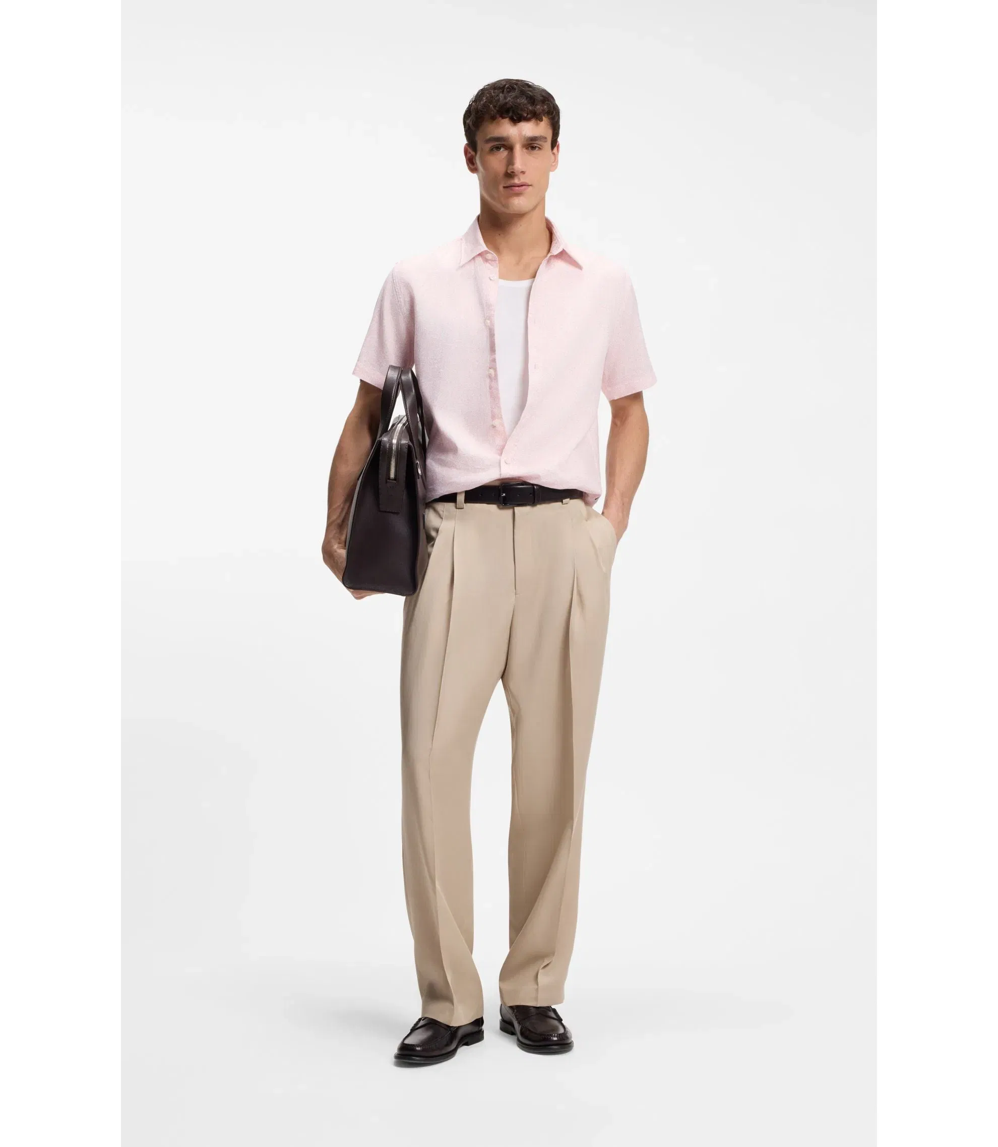 Boss Floral Print Slim Fit Shirt In Stretch Linen Light Pink