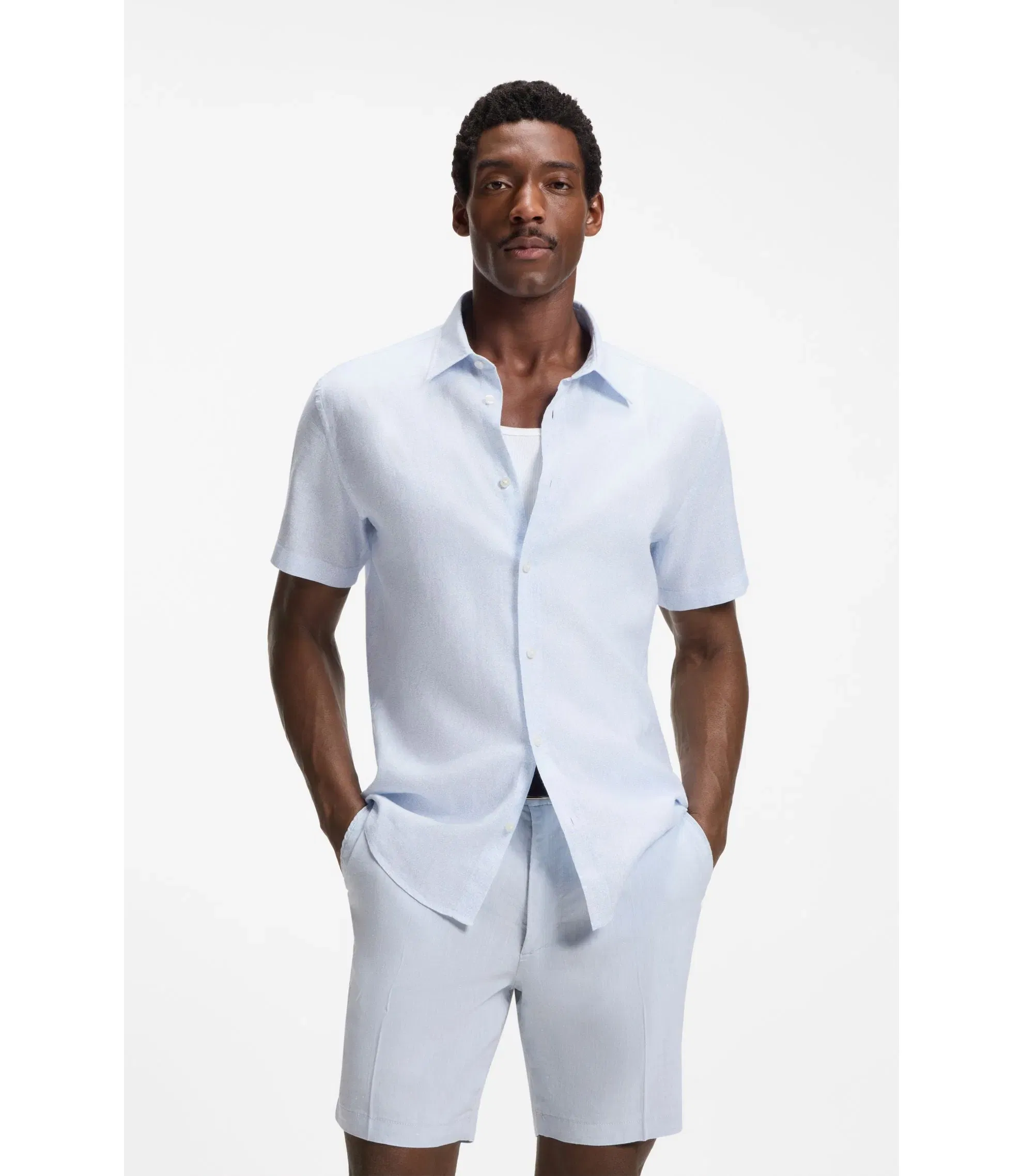 Boss Floral Print Slim Fit Shirt In Stretch Linen Light Blue