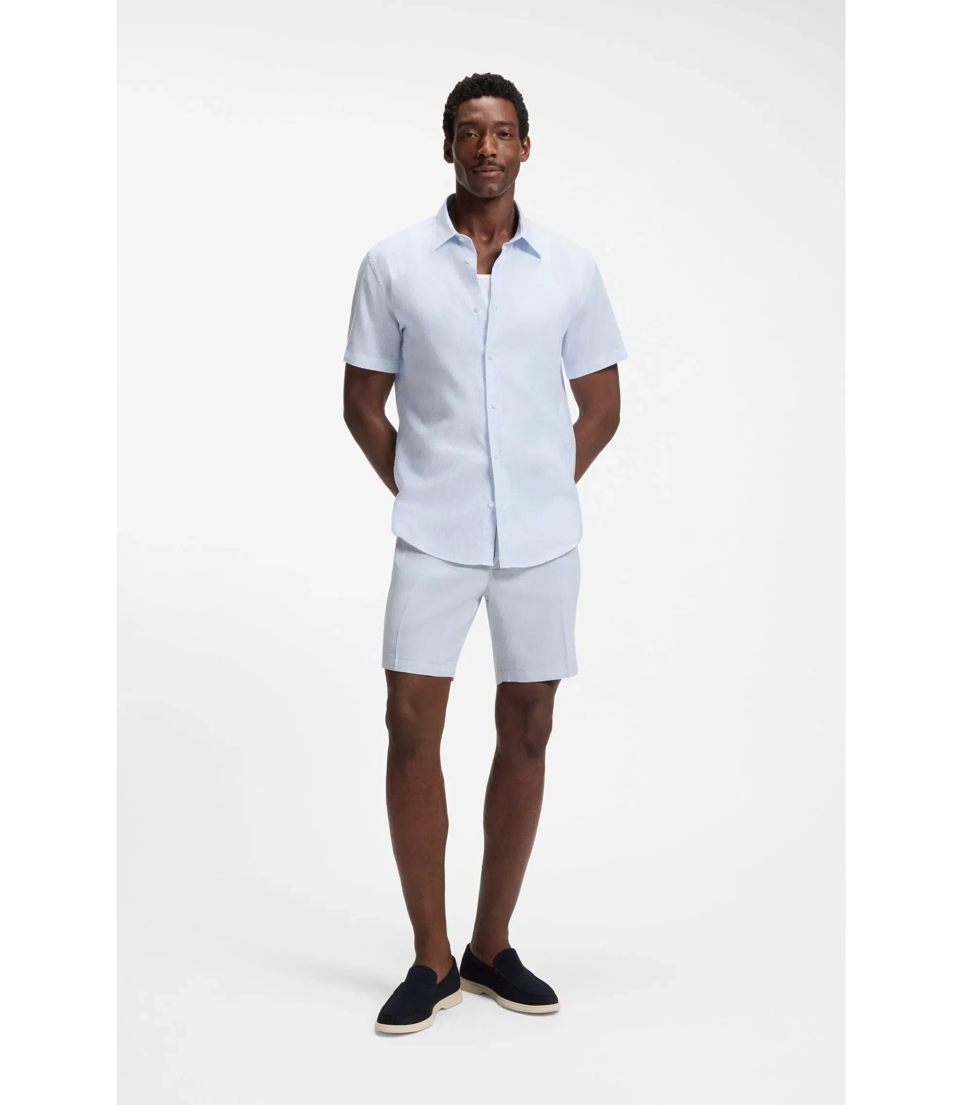 Boss Floral Print Slim Fit Shirt In Stretch Linen Light Blue