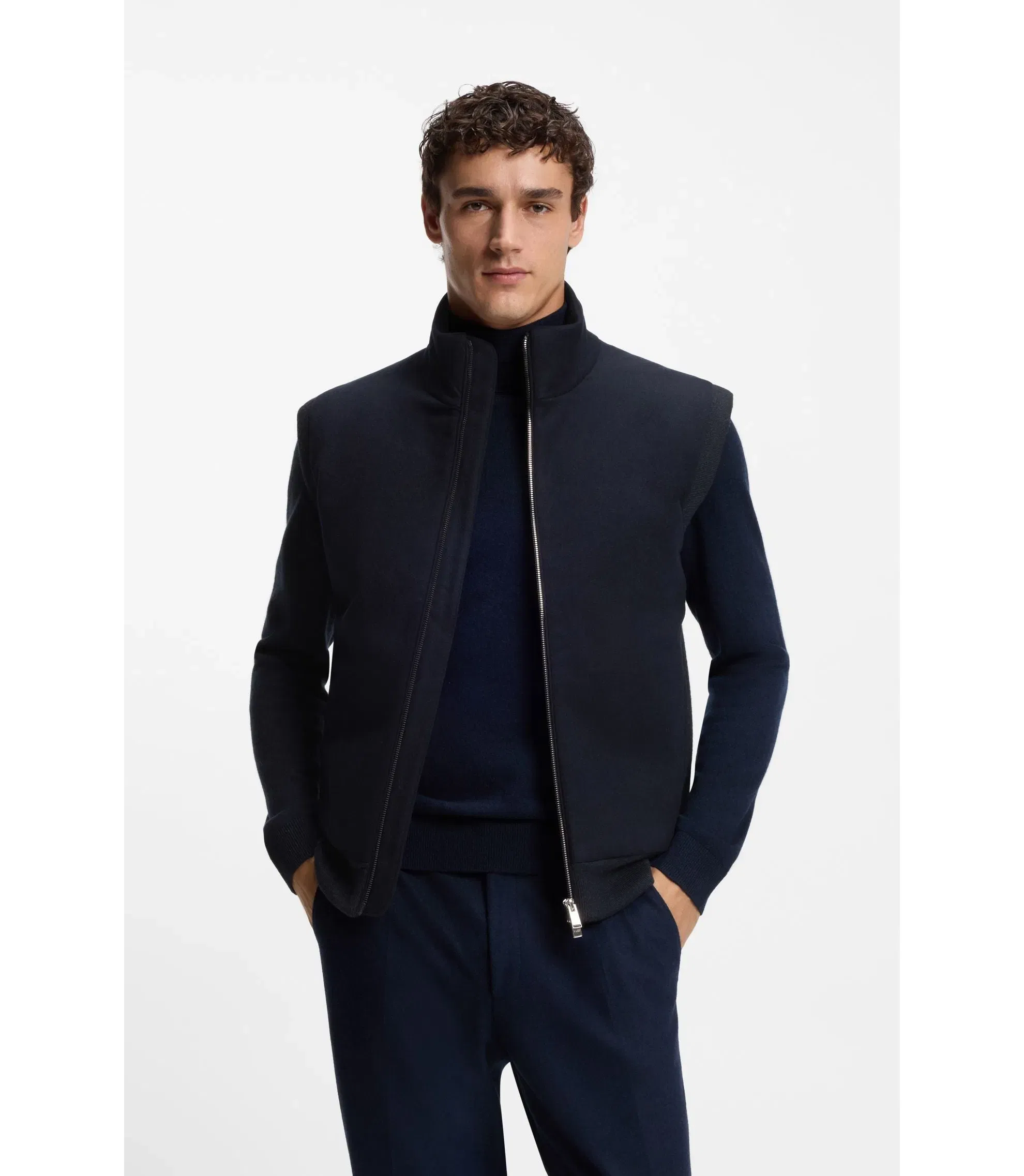 Boss Flannel Gilet With Ribbed Trims Dark Blue