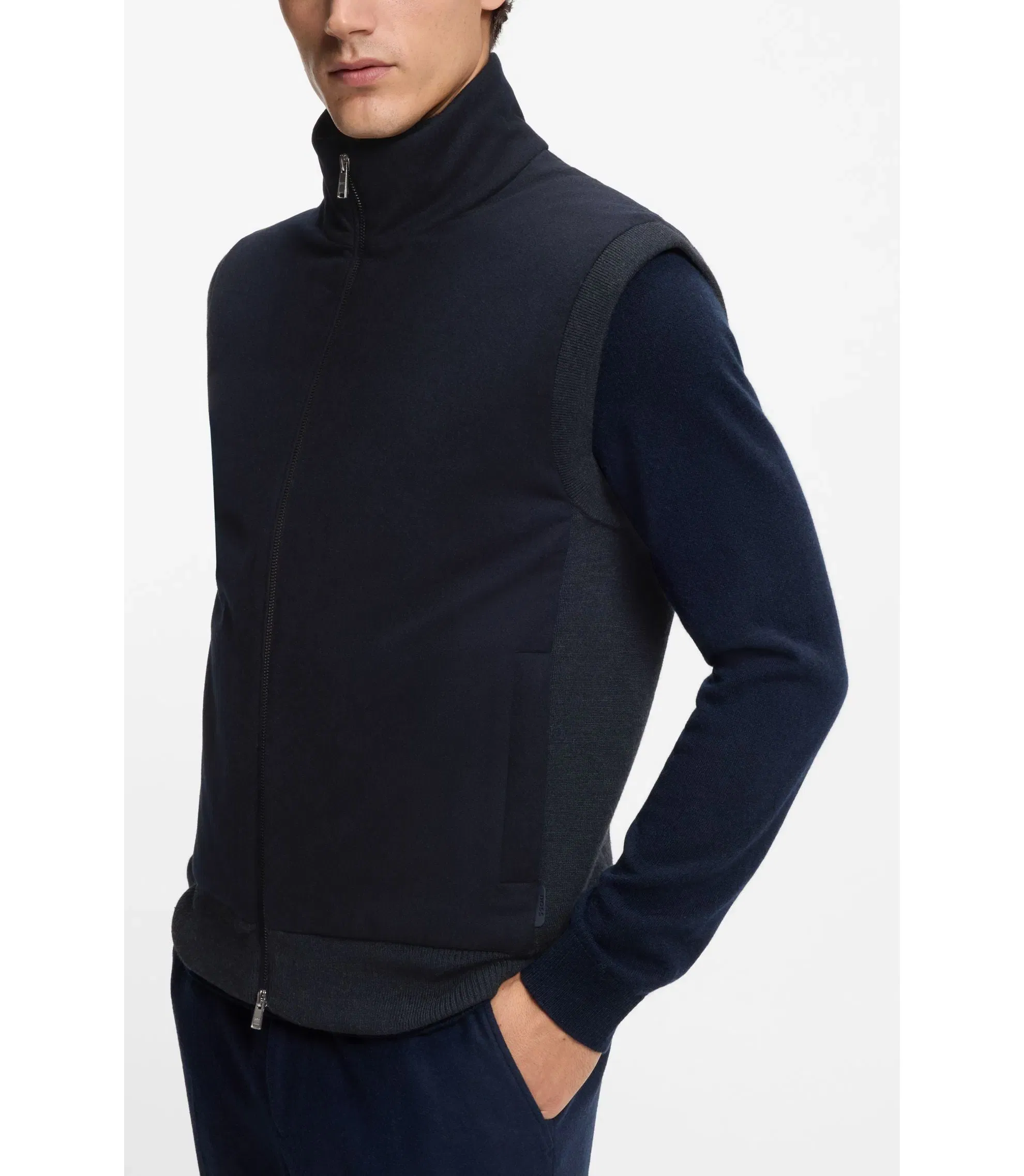 Boss Flannel Gilet With Ribbed Trims Dark Blue