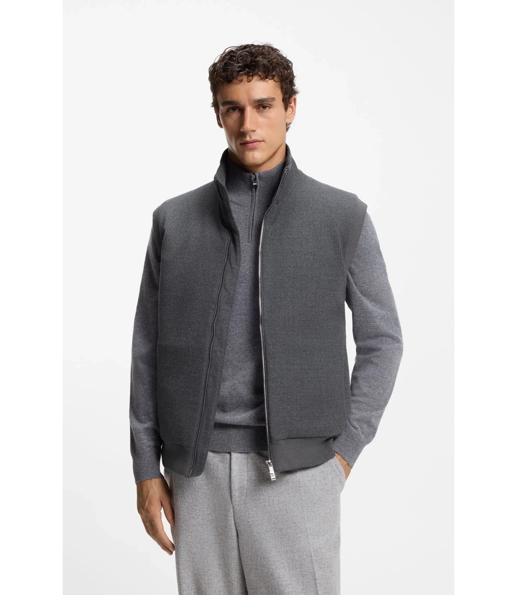 Boss Flannel Gilet With Ribbed Trims Dark Grey