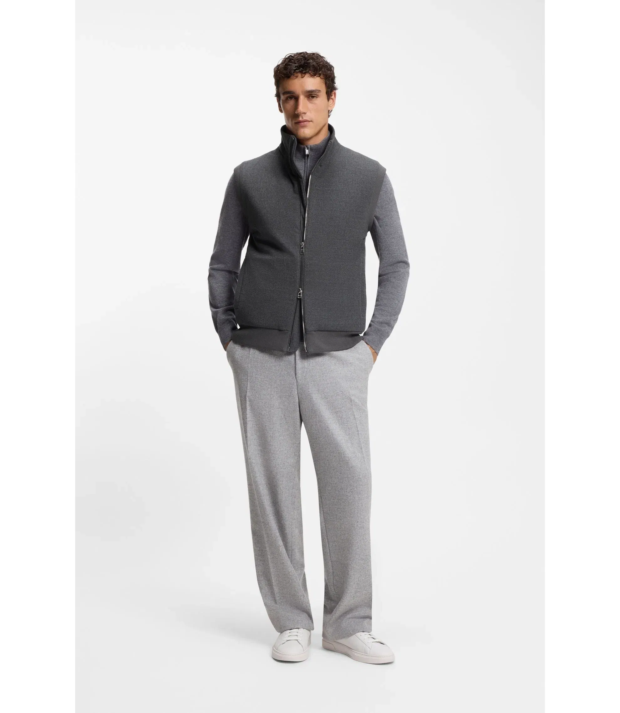 Boss Flannel Gilet With Ribbed Trims Dark Grey