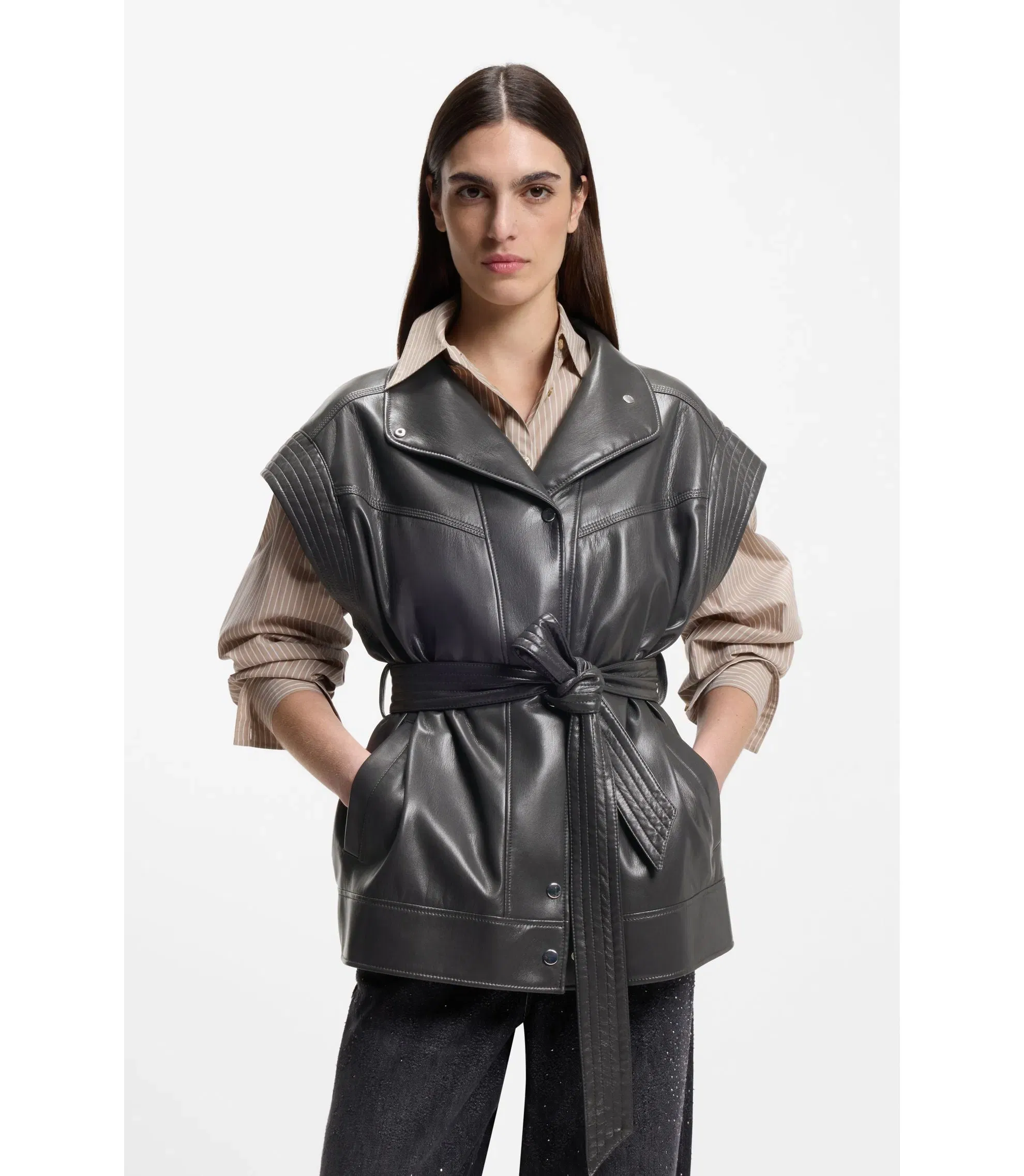 Boss Faux Leather Gilet With Belt Light Grey Women's