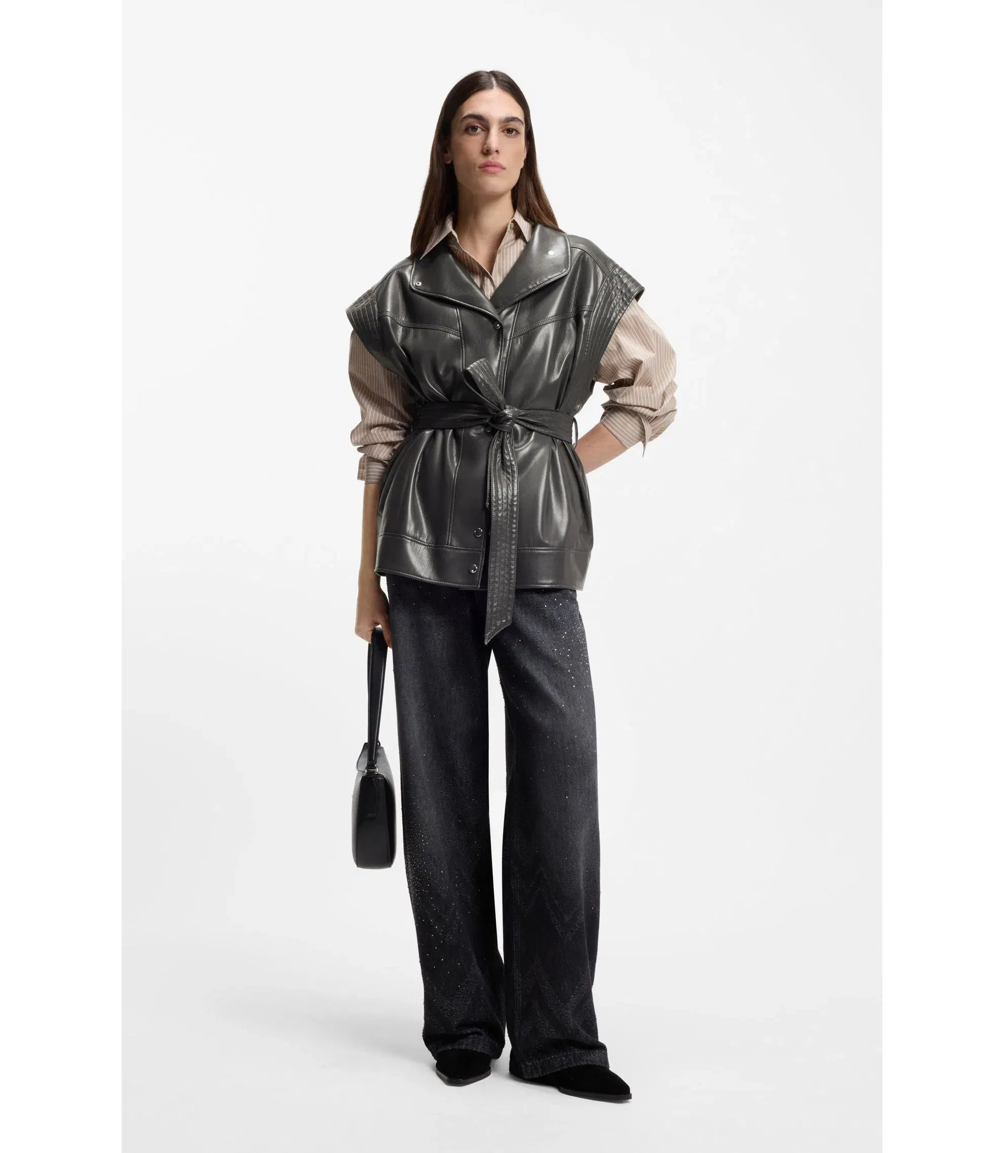Boss Faux Leather Gilet With Belt Light Grey Women's