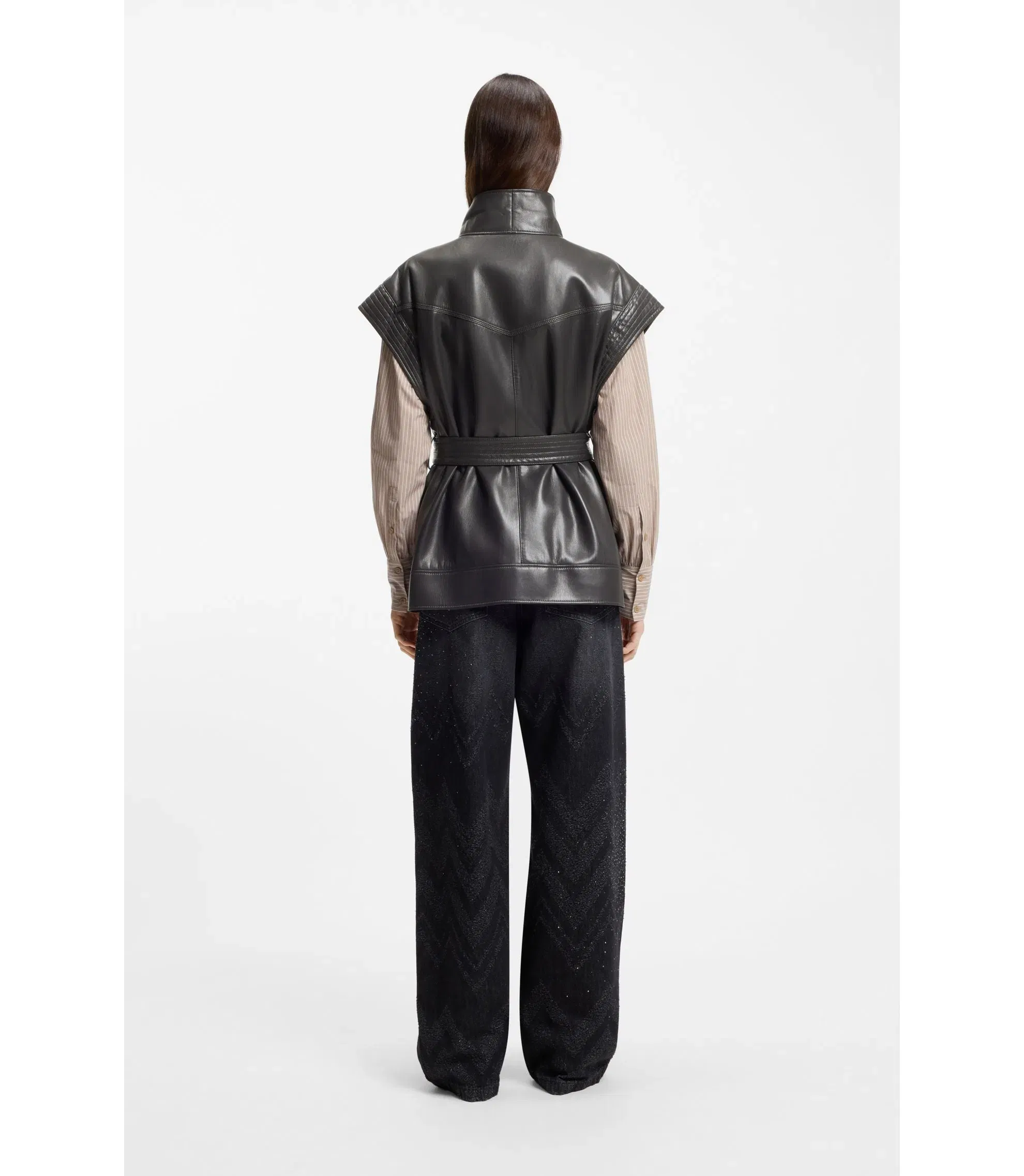 Boss Faux Leather Gilet With Belt Light Grey Women's