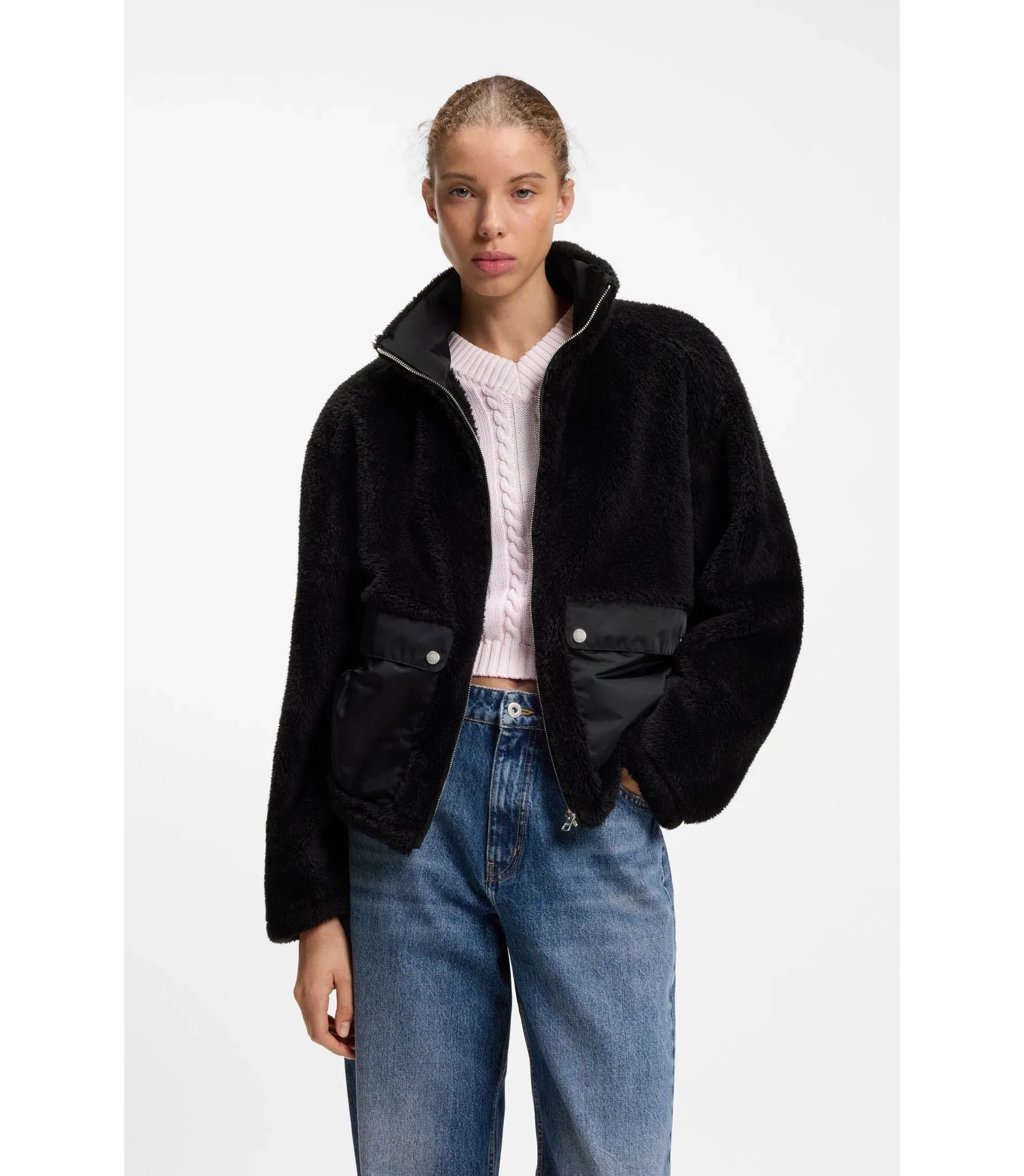 Hugo Faux Fur Coat With Contrasting Patch Pockets Black Women's