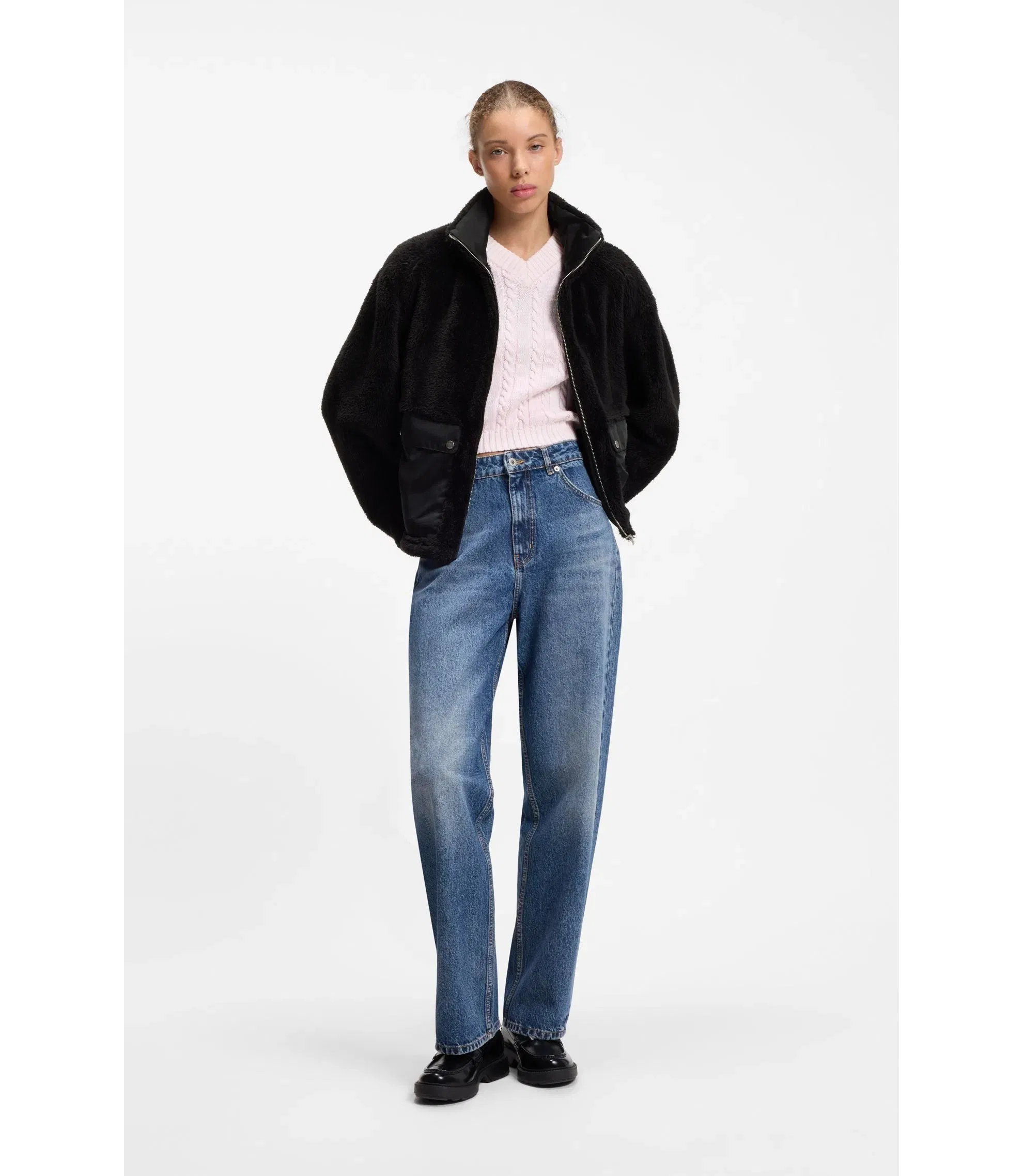 Hugo Faux Fur Coat With Contrasting Patch Pockets Black Women's
