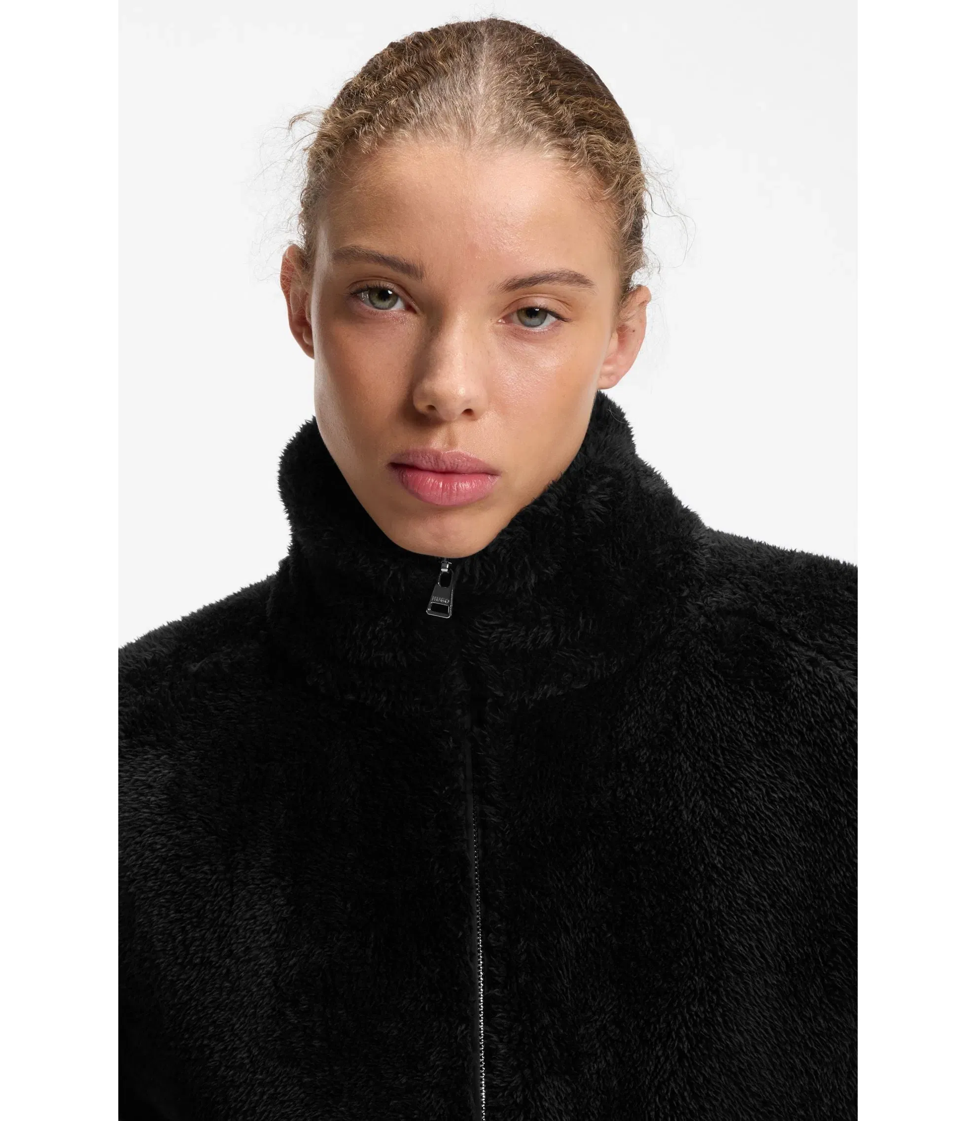 Hugo Faux Fur Coat With Contrasting Patch Pockets Black Women's