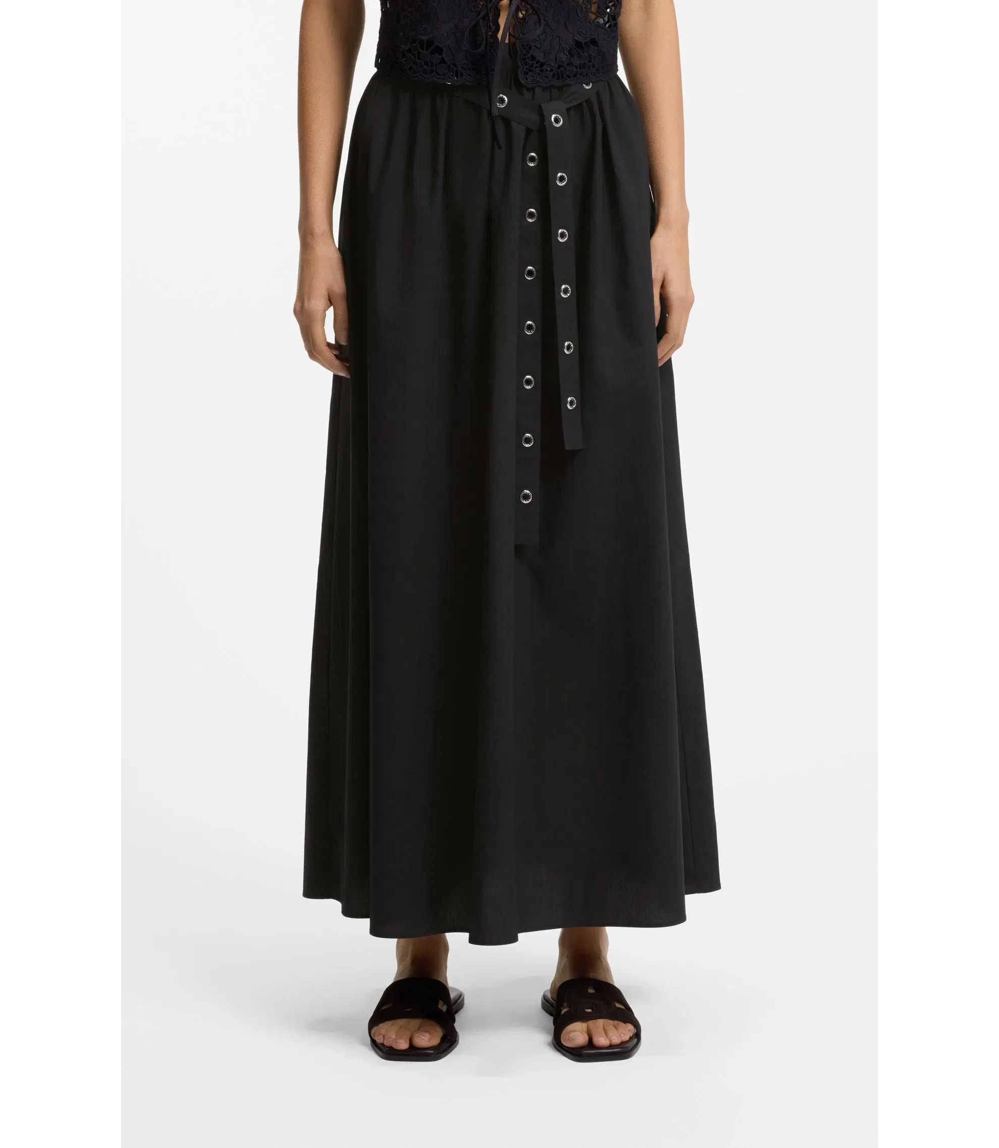 Boss Eyelet Belt Skirt In Cotton Poplin Black Women's