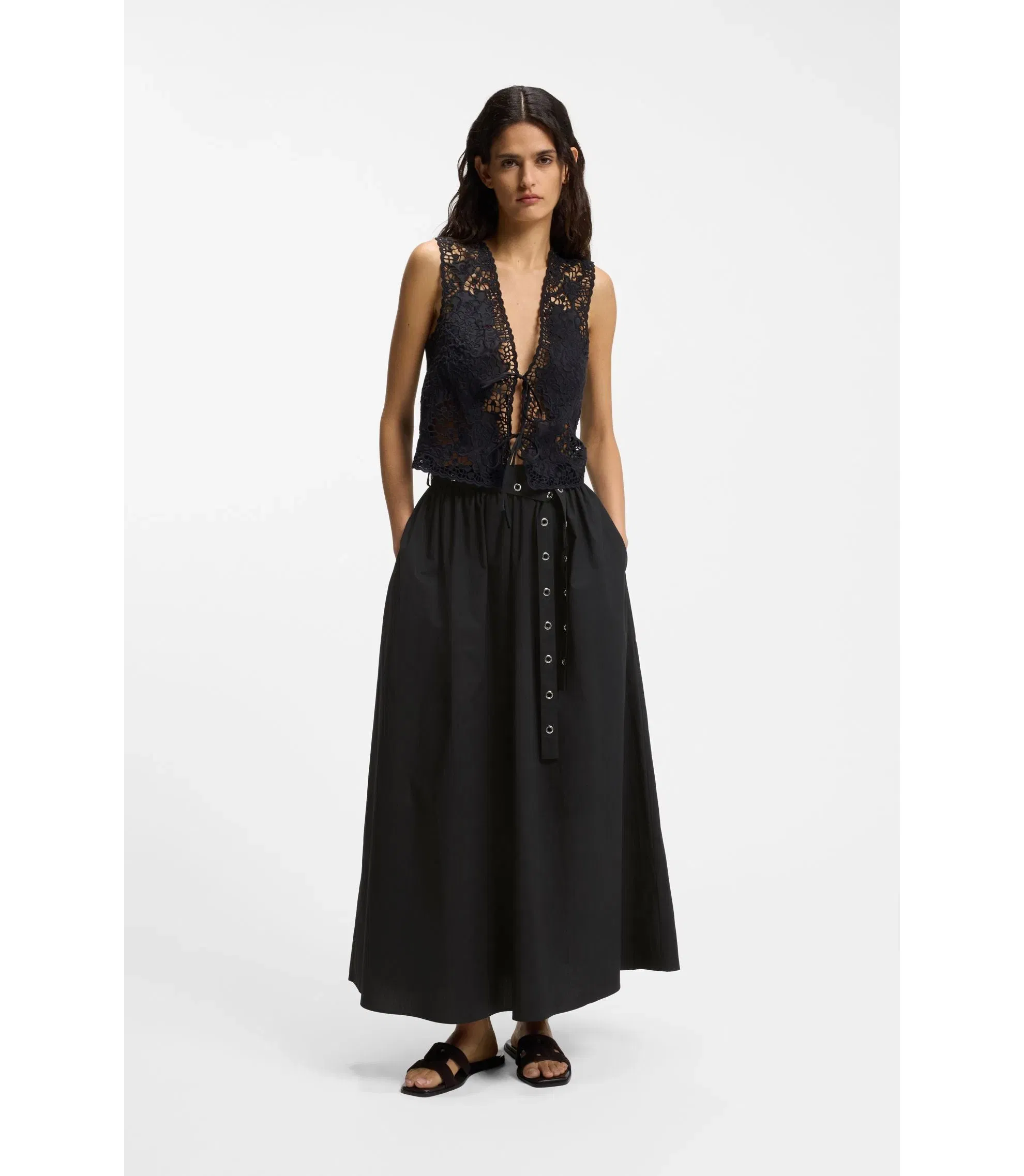 Boss Eyelet Belt Skirt In Cotton Poplin Black Women's