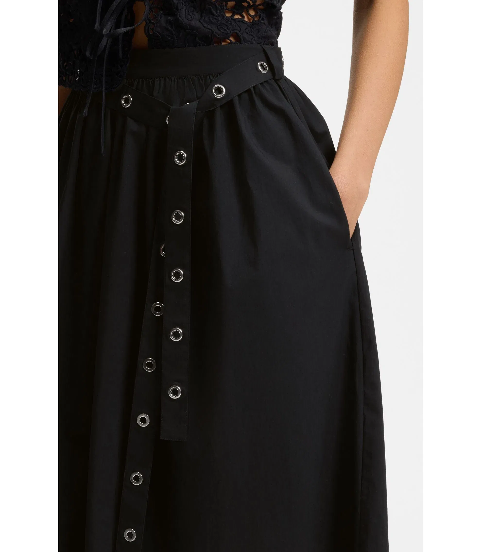 Boss Eyelet Belt Skirt In Cotton Poplin Black Women's