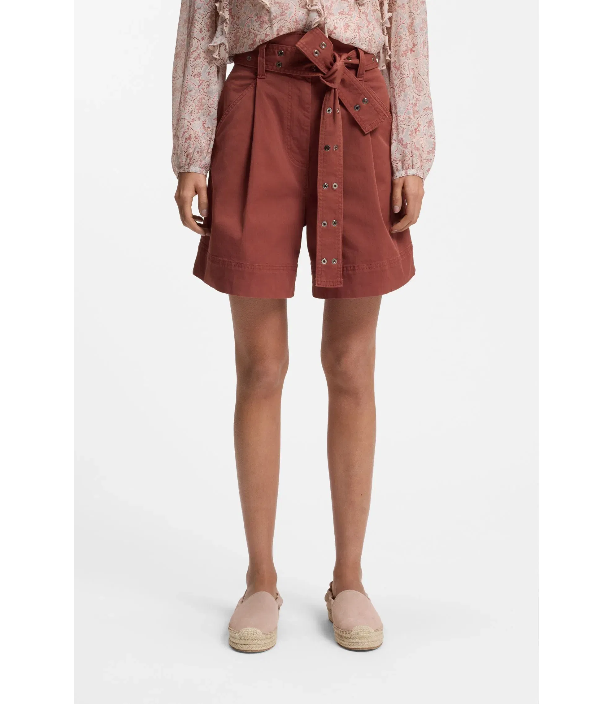 Boss Eyelet Belt Shorts In Stretch Cotton Dark Red Women's