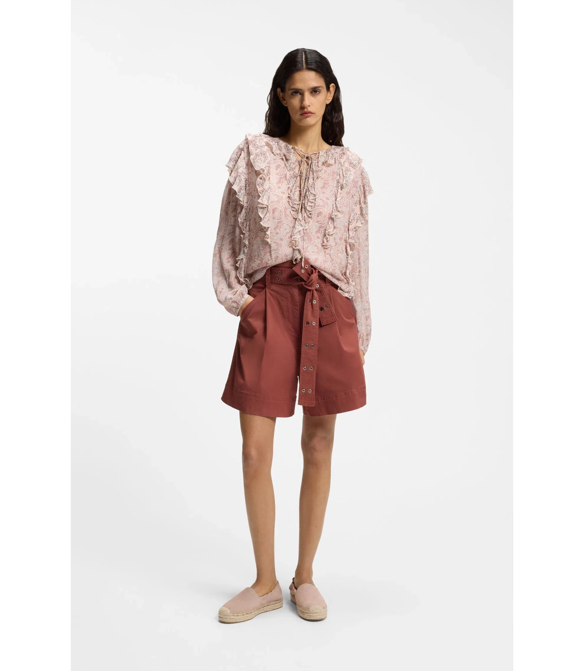 Boss Eyelet Belt Shorts In Stretch Cotton Dark Red Women's