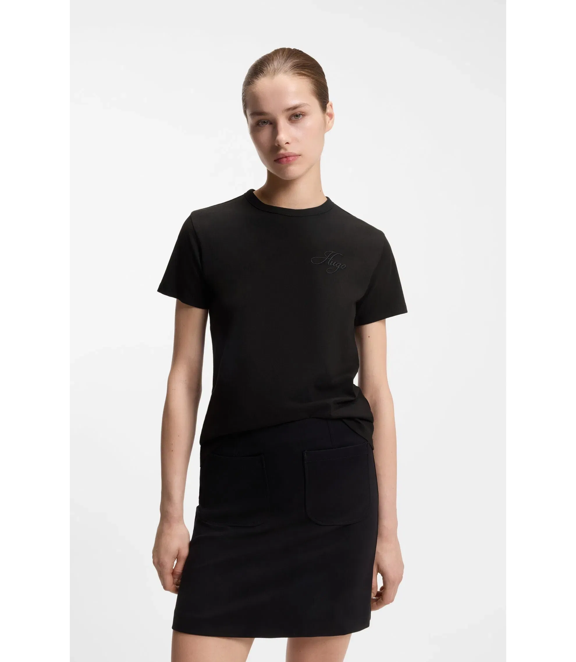 Hugo Embroidered Logo T-Shirt In Cotton Jersey Black Women's