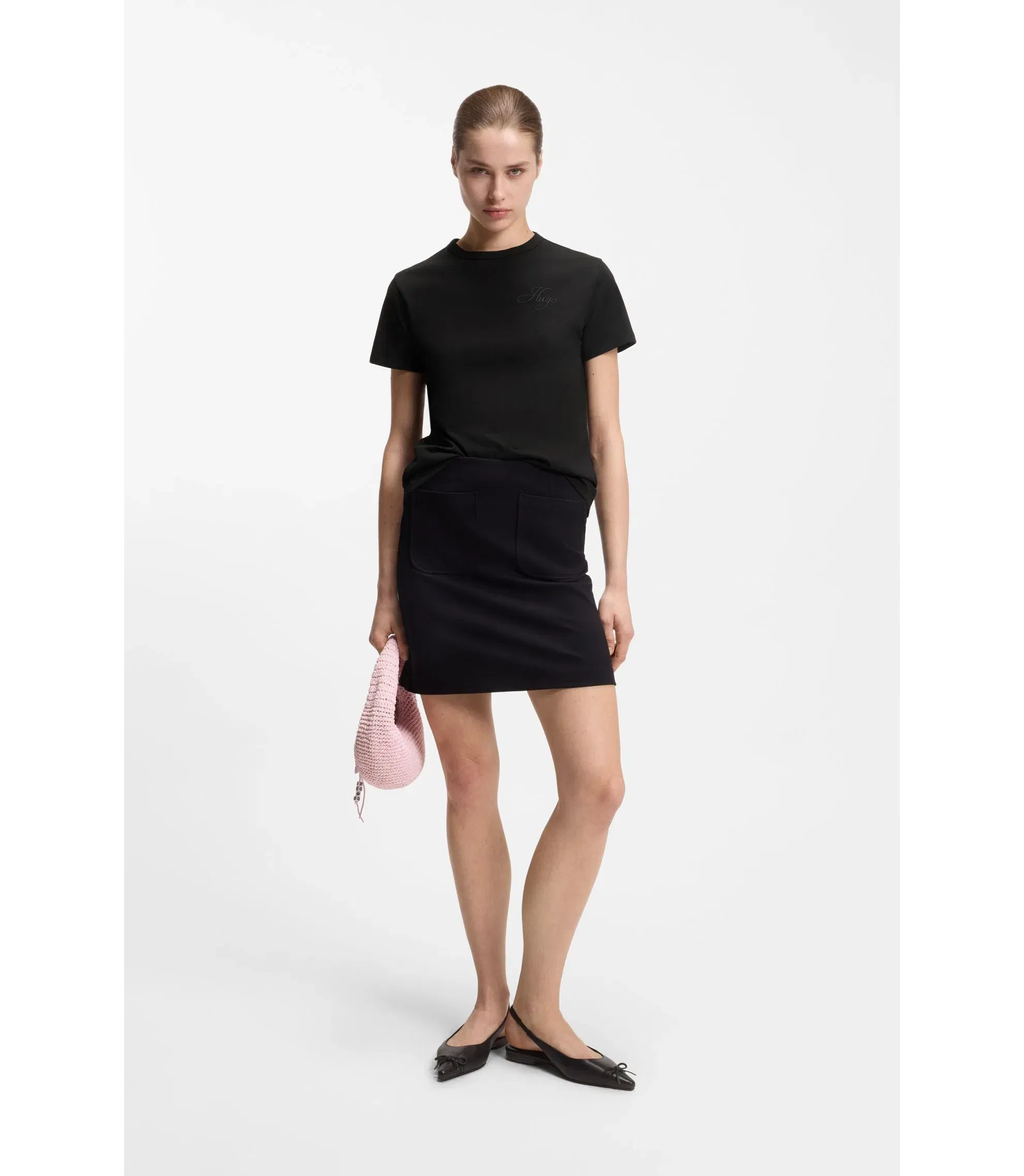 Hugo Embroidered Logo T-Shirt In Cotton Jersey Black Women's
