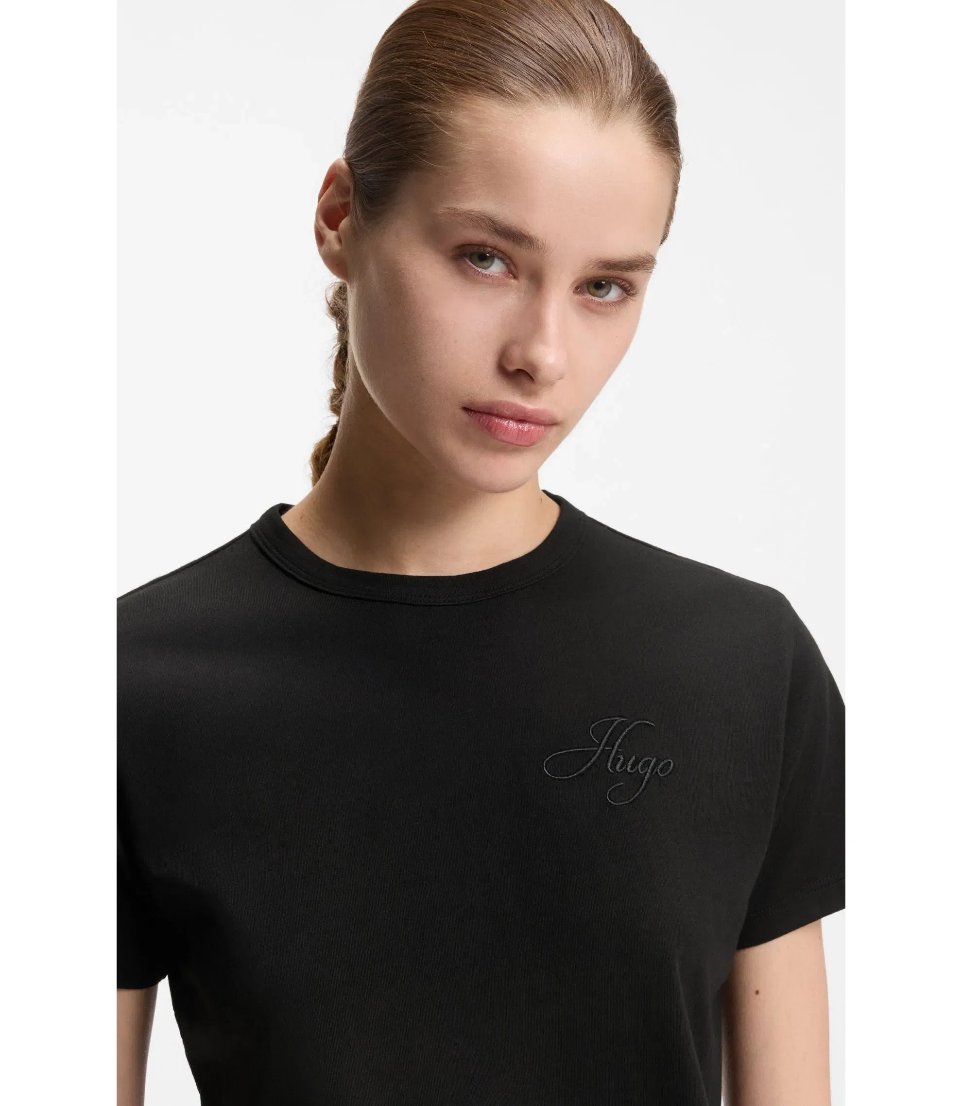 Hugo Embroidered Logo T-Shirt In Cotton Jersey Black Women's