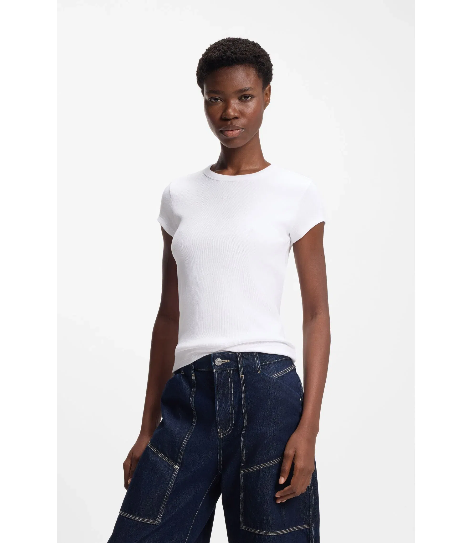 Boss Embroidered Logo Slim Fit T-Shirt In Stretch Cotton White Women's