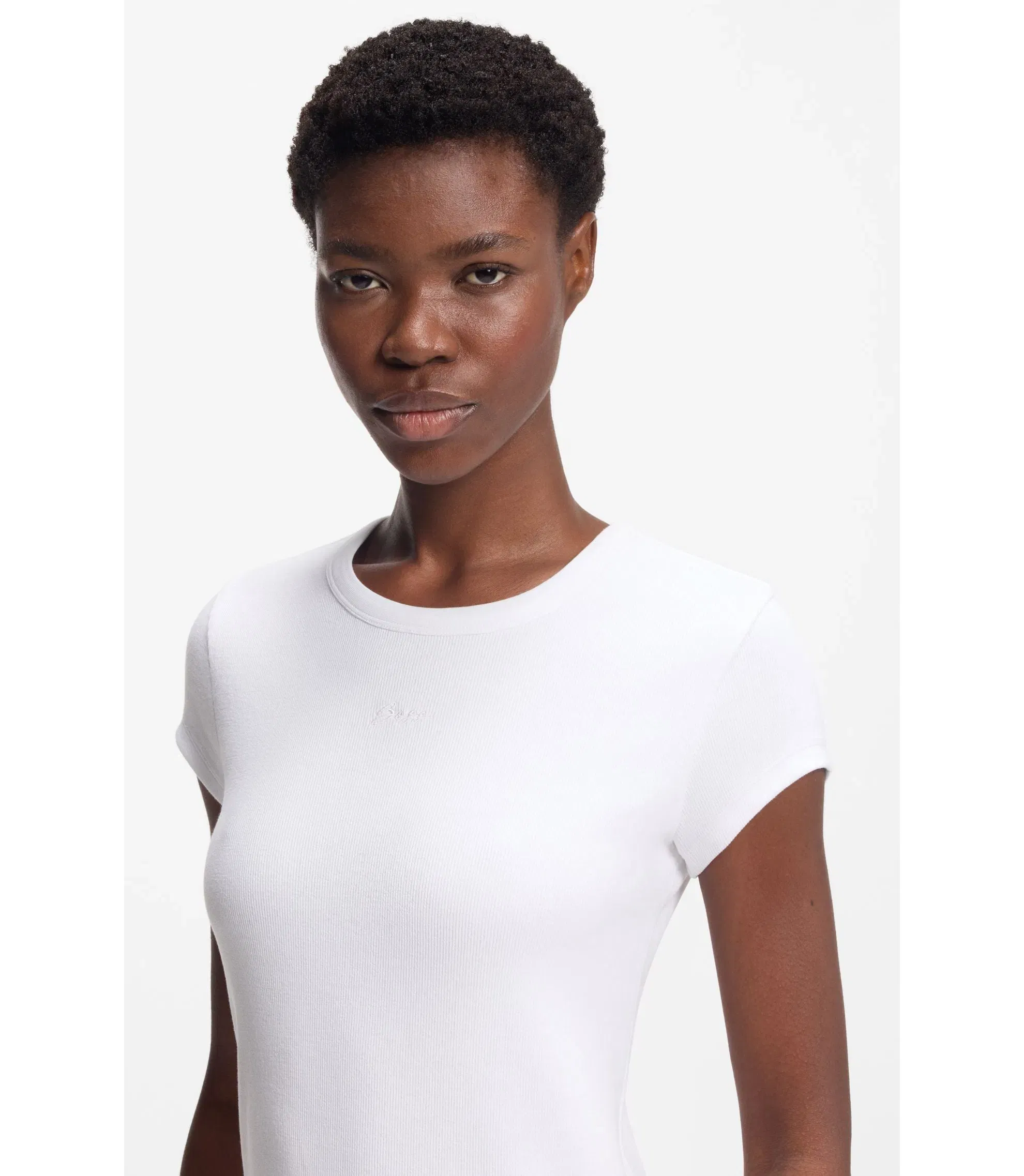 Boss Embroidered Logo Slim Fit T-Shirt In Stretch Cotton White Women's