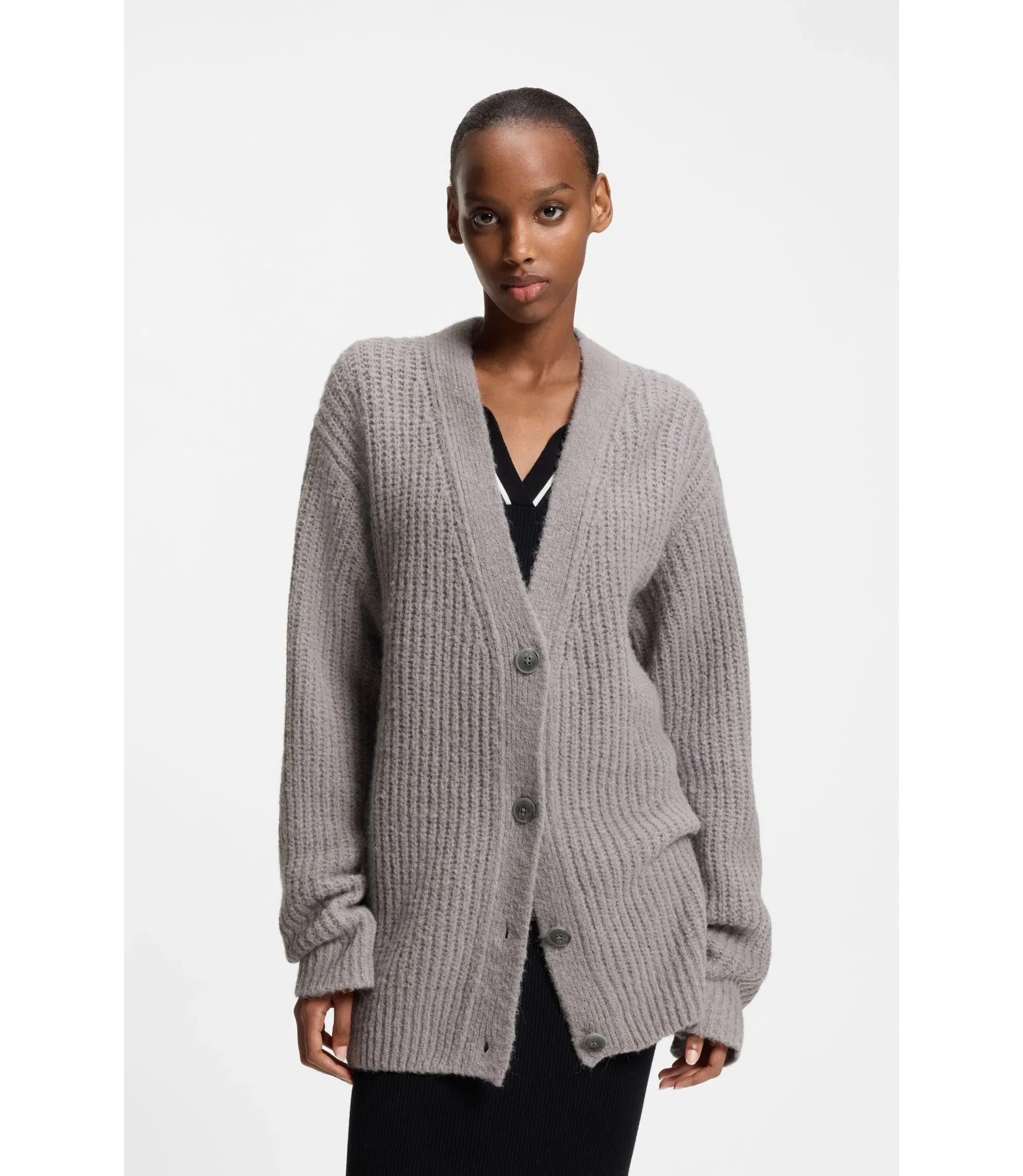 Hugo Embroidered Logo Cardigan In An Oversized Fit Light Grey Women's