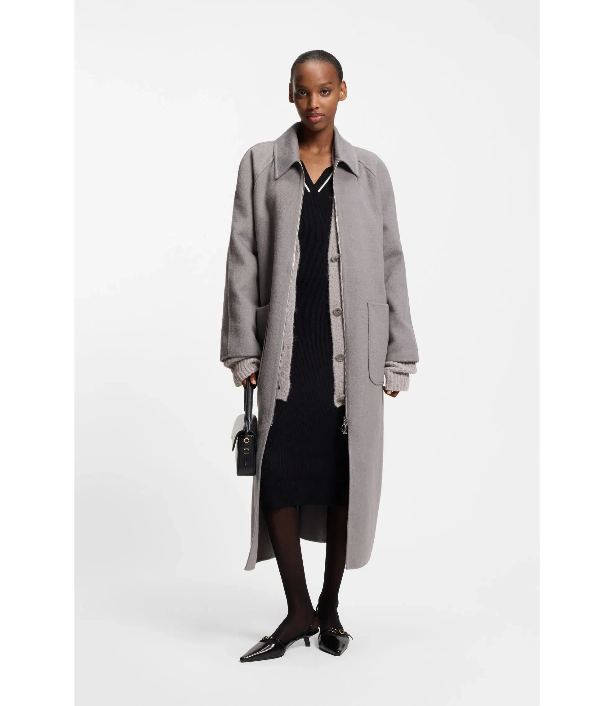 Hugo Embroidered Logo Cardigan In An Oversized Fit Light Grey Women's