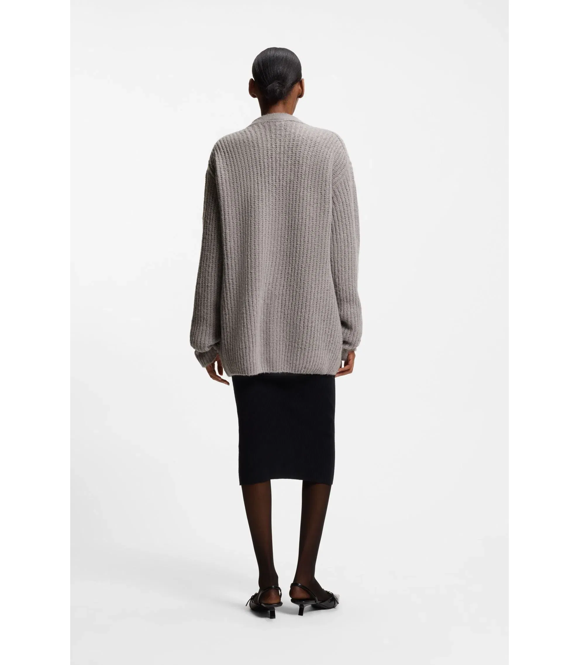 Hugo Embroidered Logo Cardigan In An Oversized Fit Light Grey Women's
