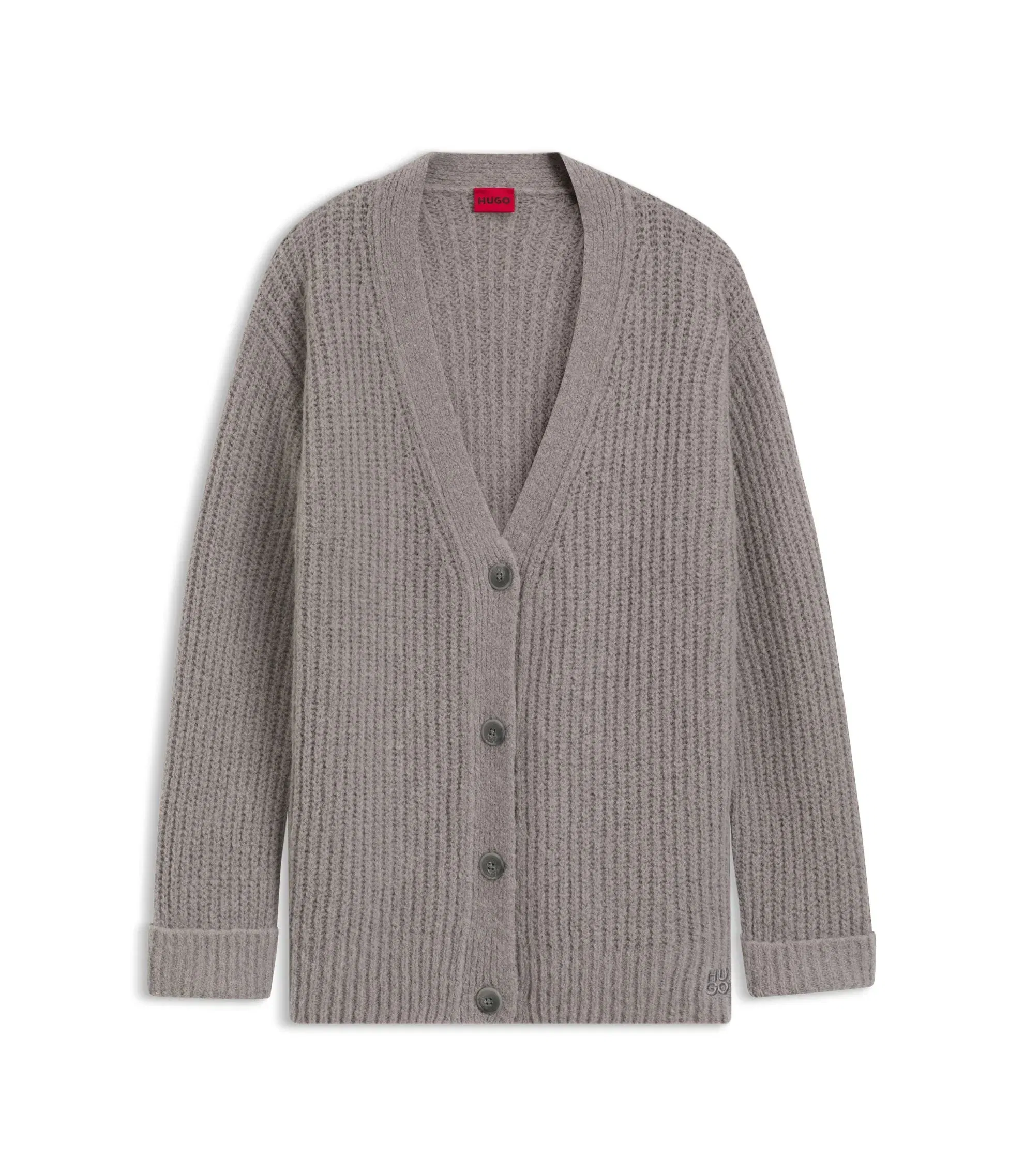 Hugo Embroidered Logo Cardigan In An Oversized Fit Light Grey Women's