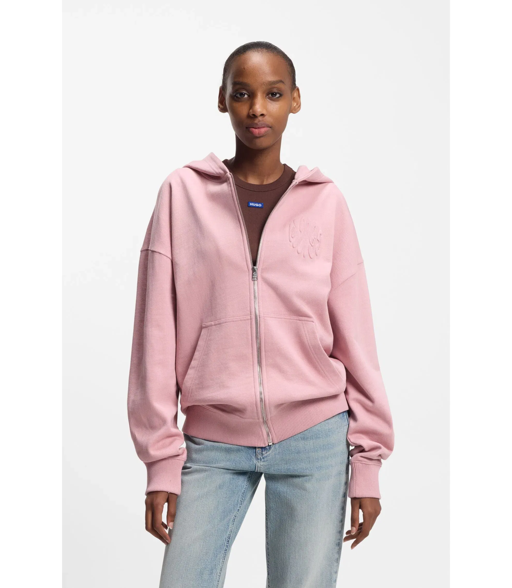 Hugo Embossed Logo Zip Up Hoodie In Cotton Terry Light Pink Women's