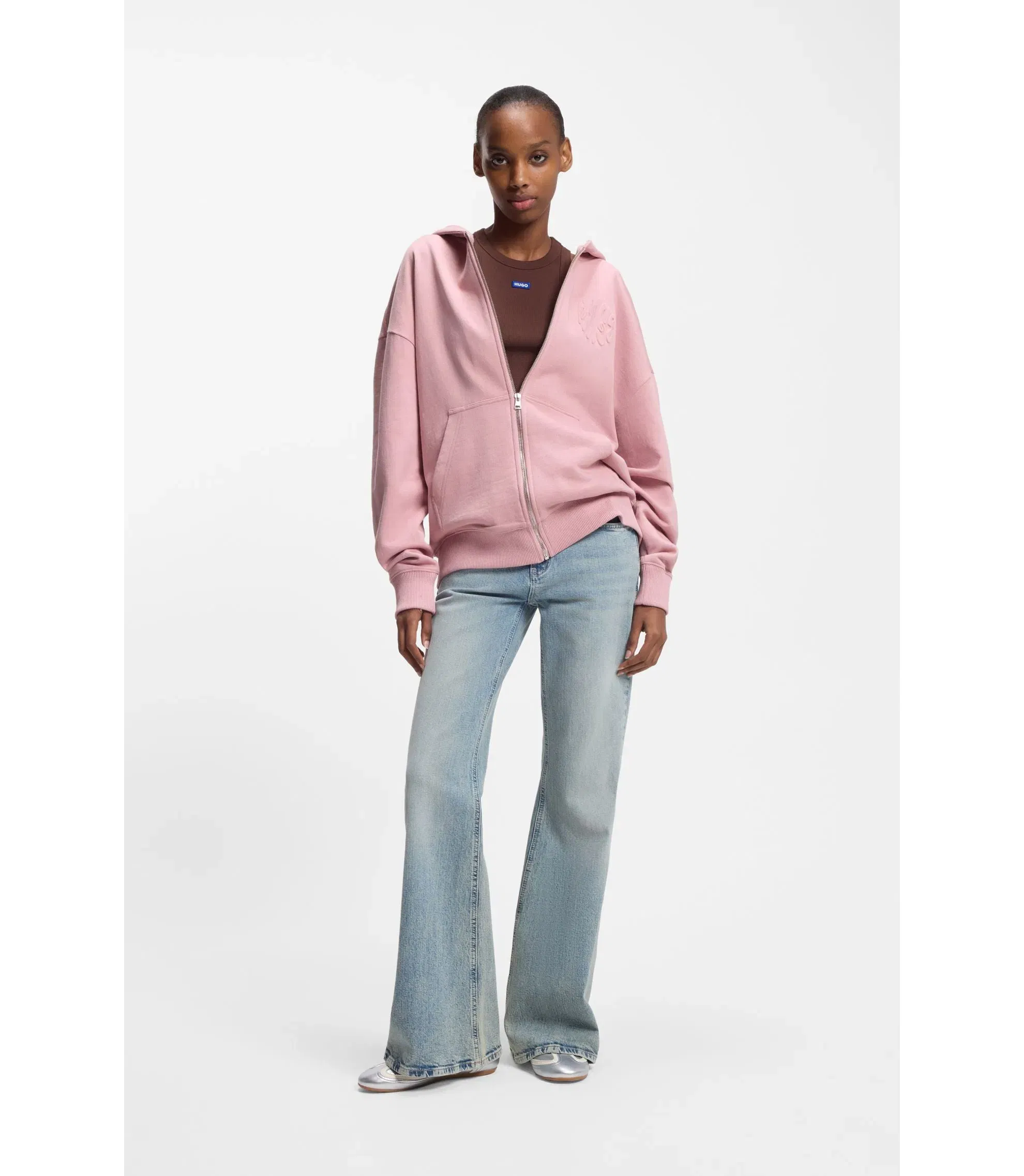 Hugo Embossed Logo Zip Up Hoodie In Cotton Terry Light Pink Women's