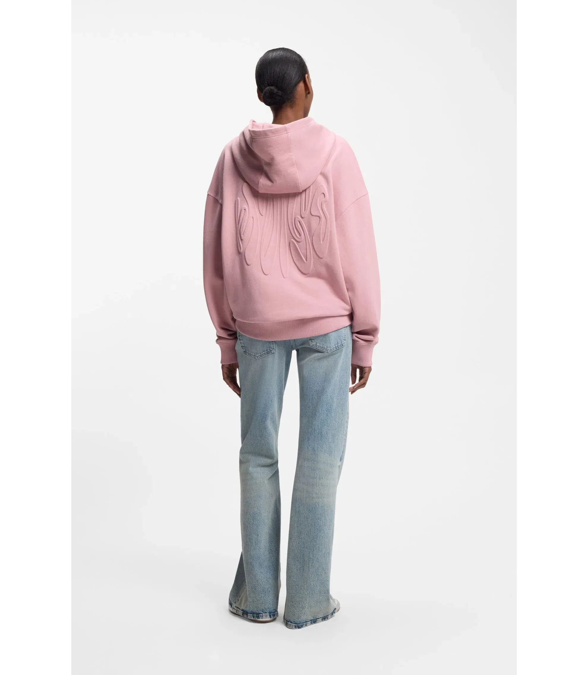 Hugo Embossed Logo Zip Up Hoodie In Cotton Terry Light Pink Women's