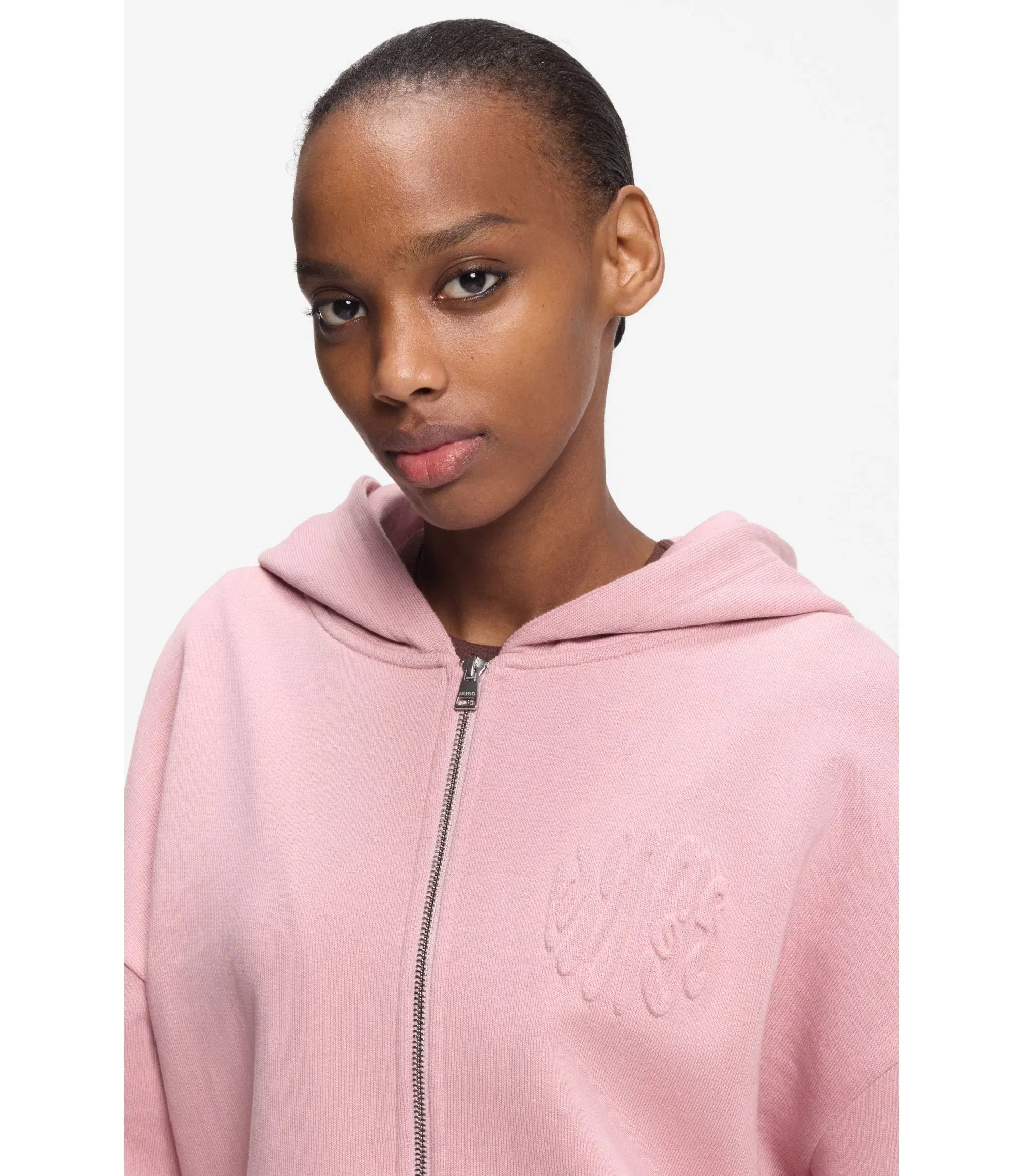 Hugo Embossed Logo Zip Up Hoodie In Cotton Terry Light Pink Women's