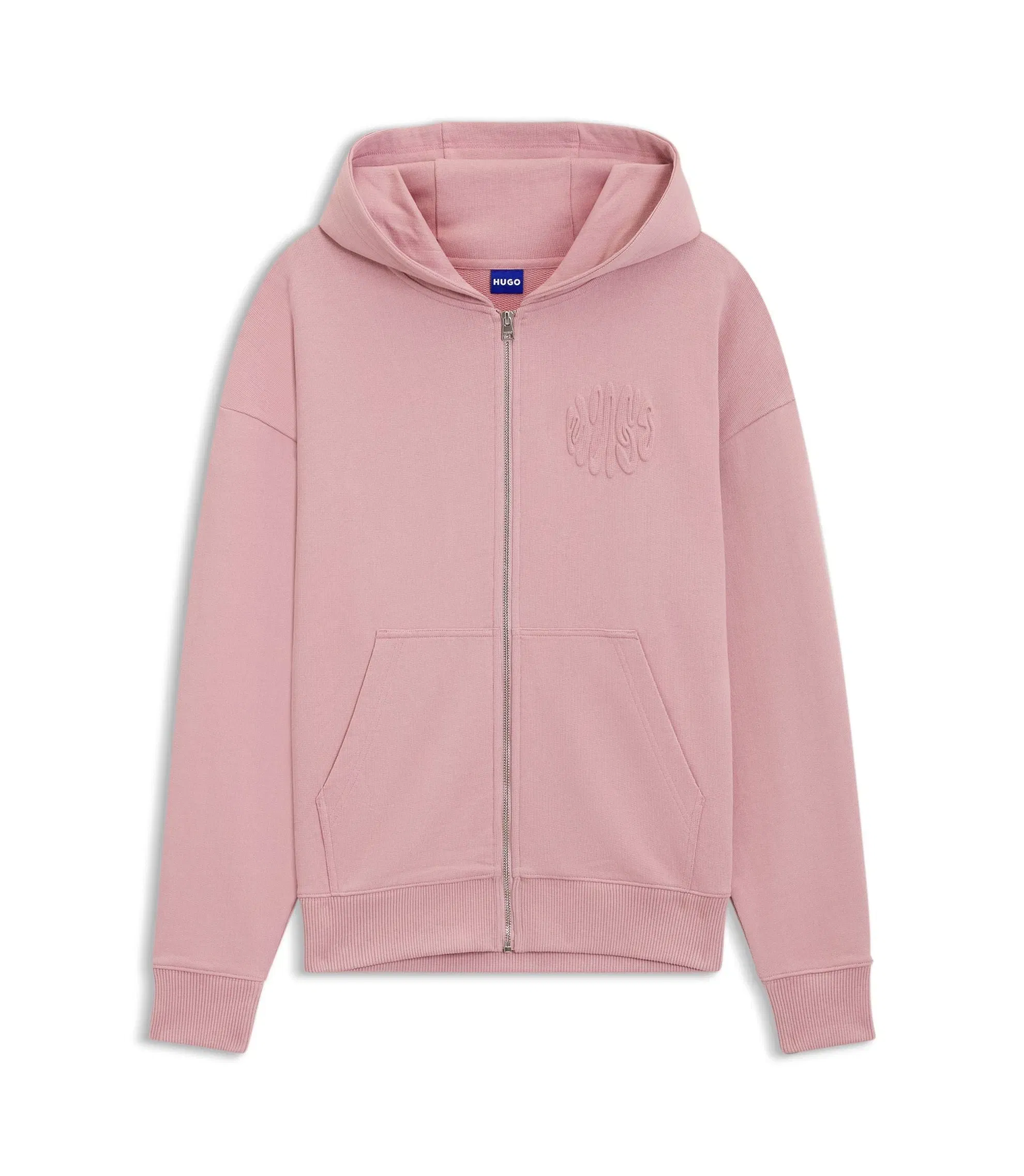 Hugo Embossed Logo Zip Up Hoodie In Cotton Terry Light Pink Women's