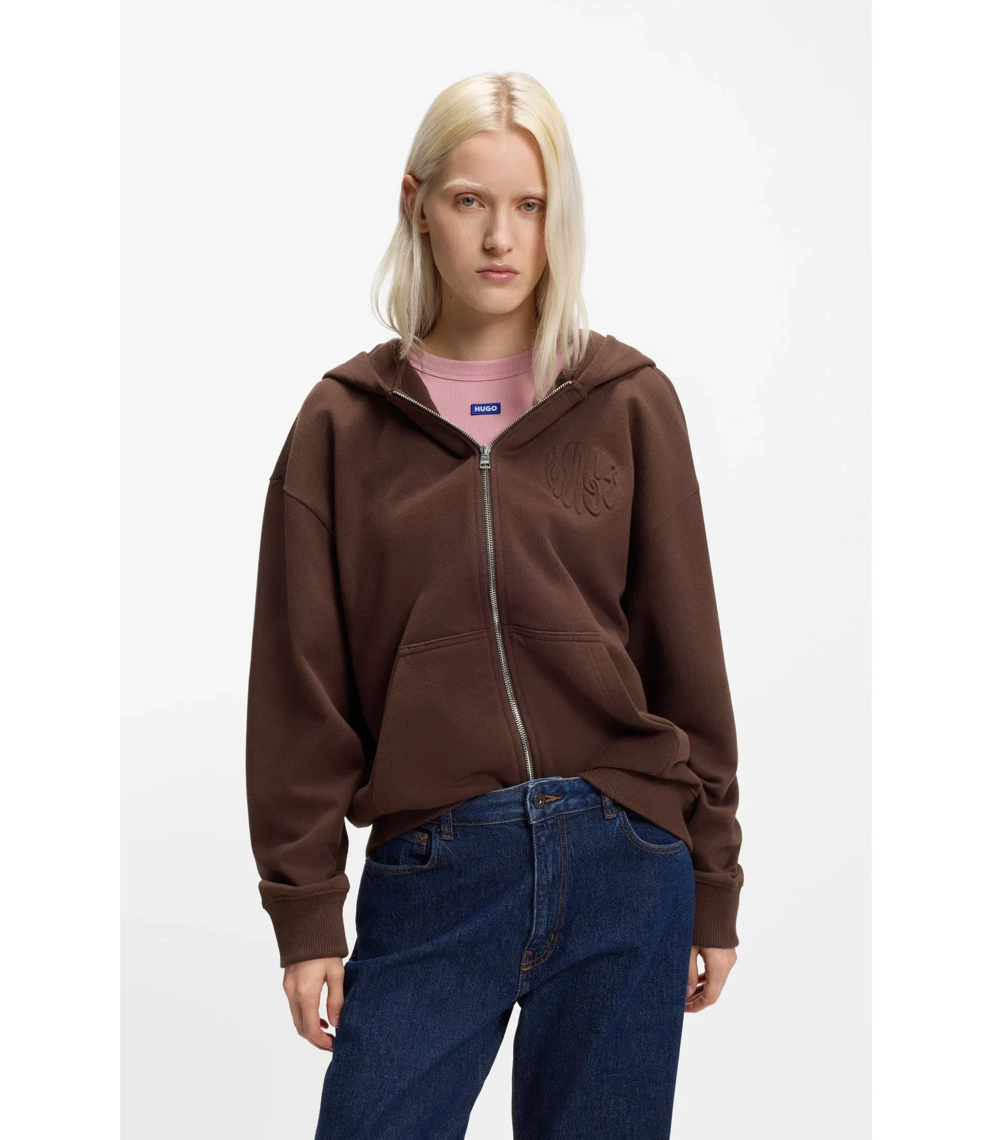Hugo Embossed Logo Zip Up Hoodie In Cotton Terry Brown Women's