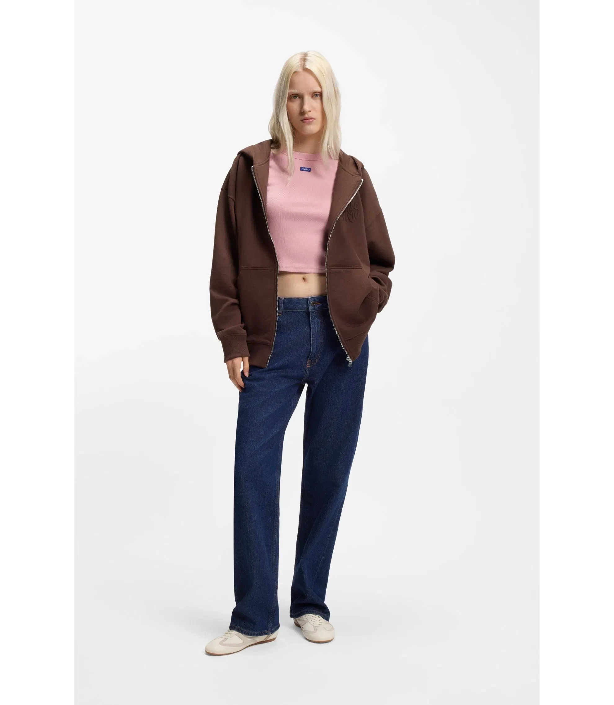Hugo Embossed Logo Zip Up Hoodie In Cotton Terry Brown Women's