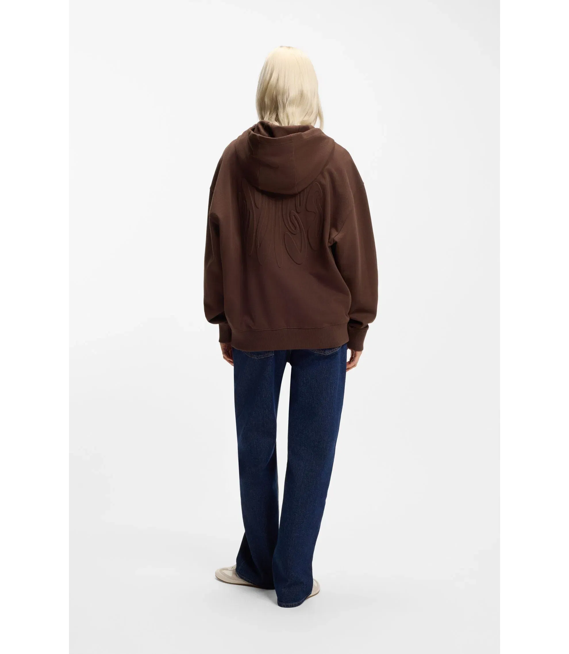 Hugo Embossed Logo Zip Up Hoodie In Cotton Terry Brown Women's