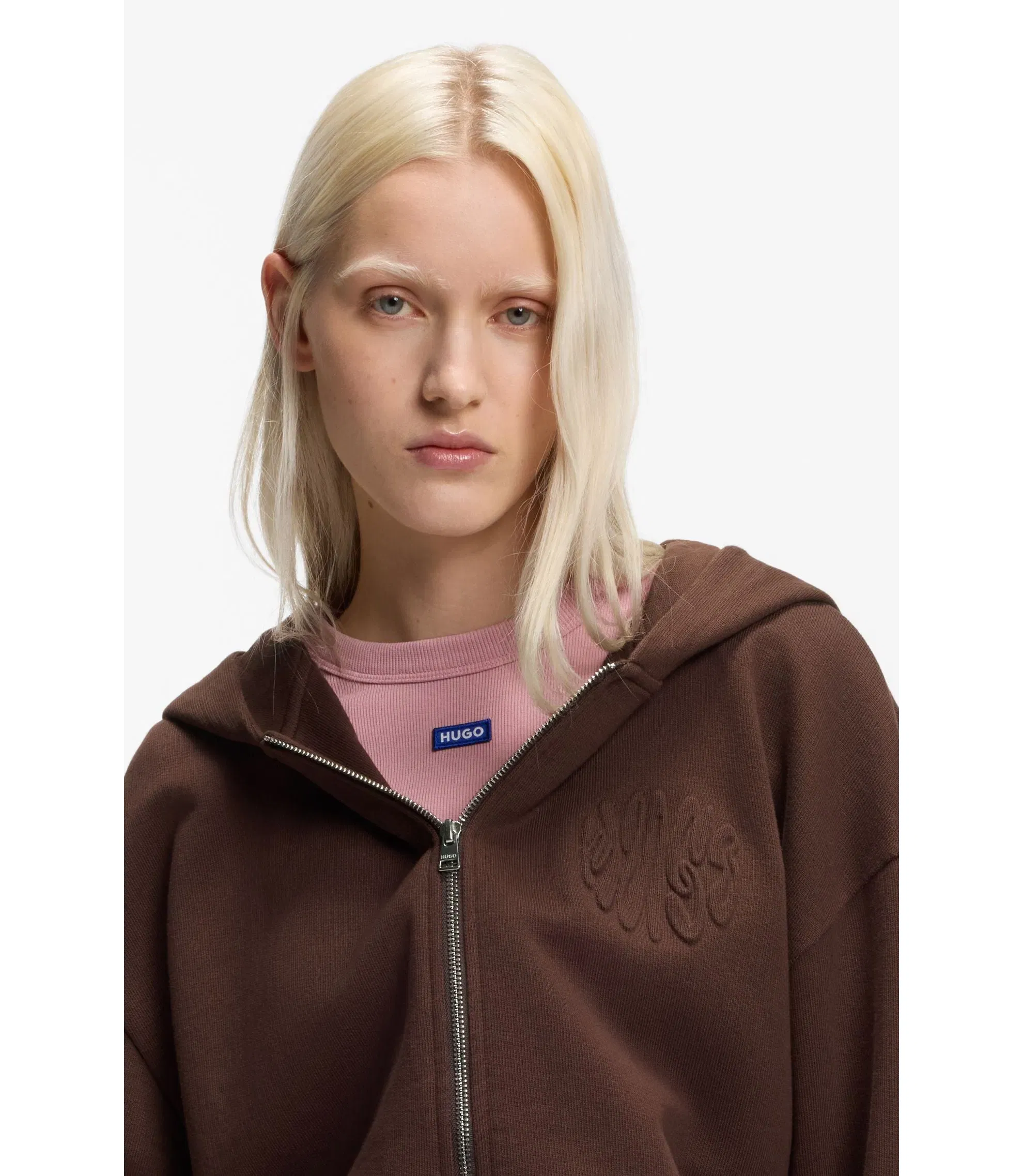 Hugo Embossed Logo Zip Up Hoodie In Cotton Terry Brown Women's