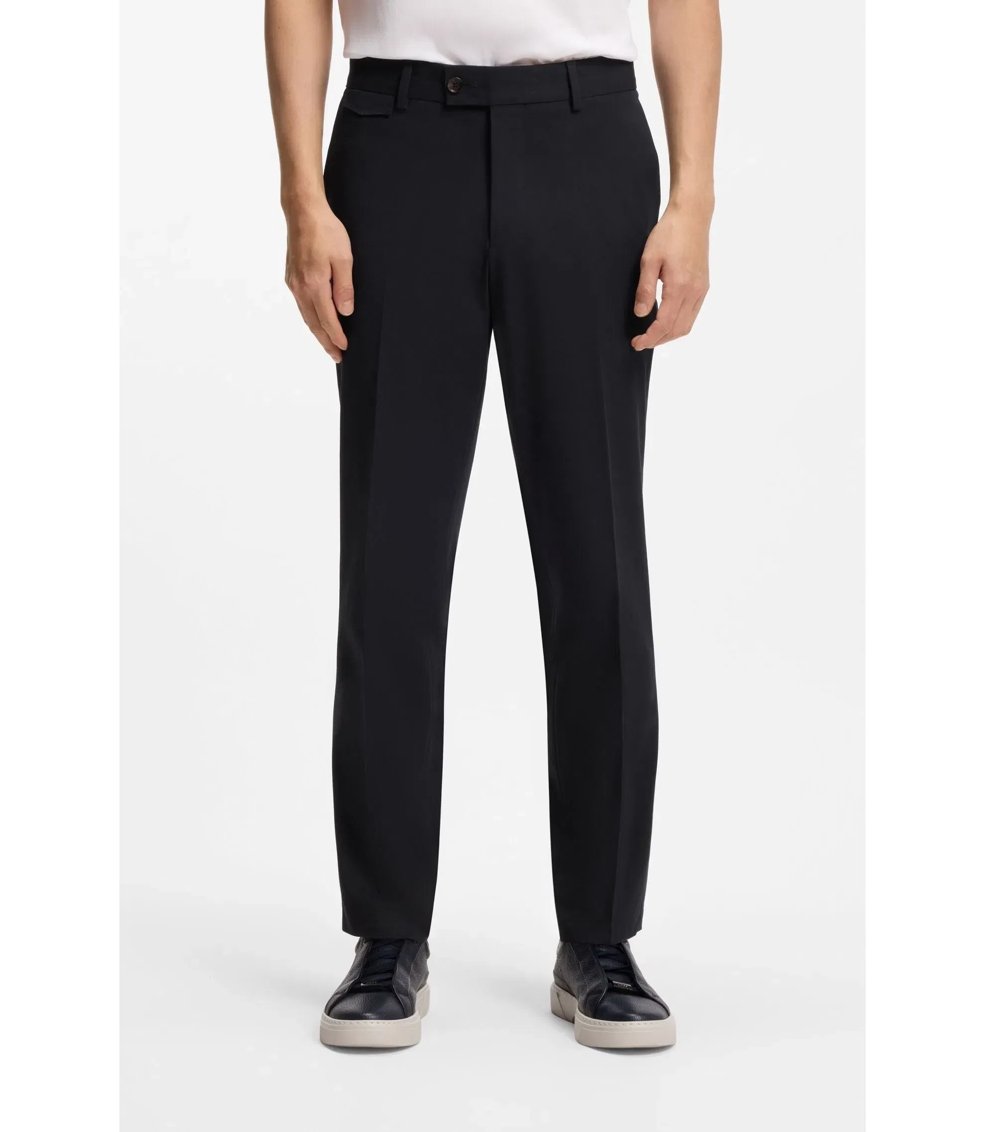 Boss Easy Iron Tapered Fit Trousers In Stretch Cotton Poplin Dark Blue