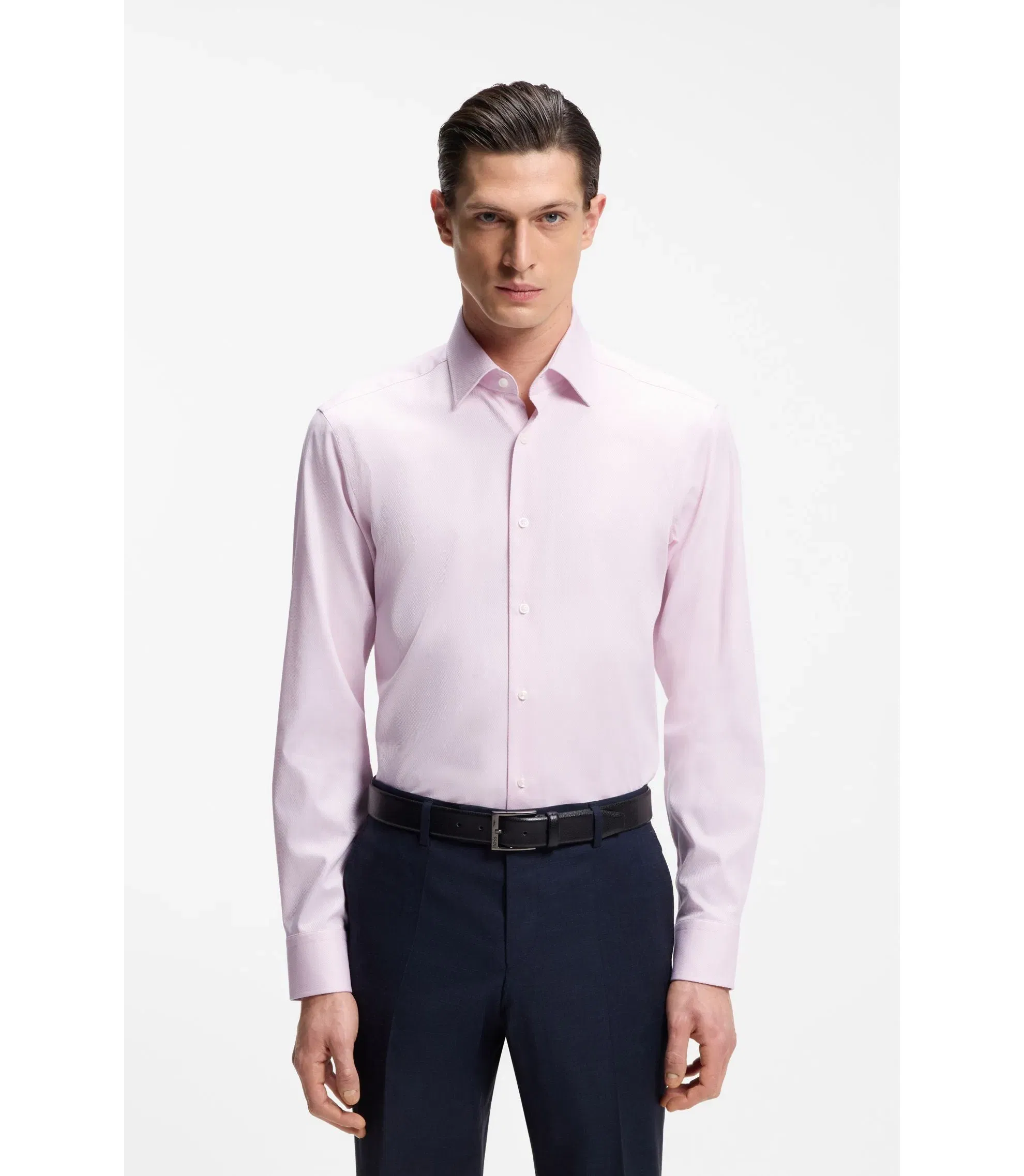 Boss Easy Iron Regular Fit Shirt In Stretch Cotton Dobby Light Pink
