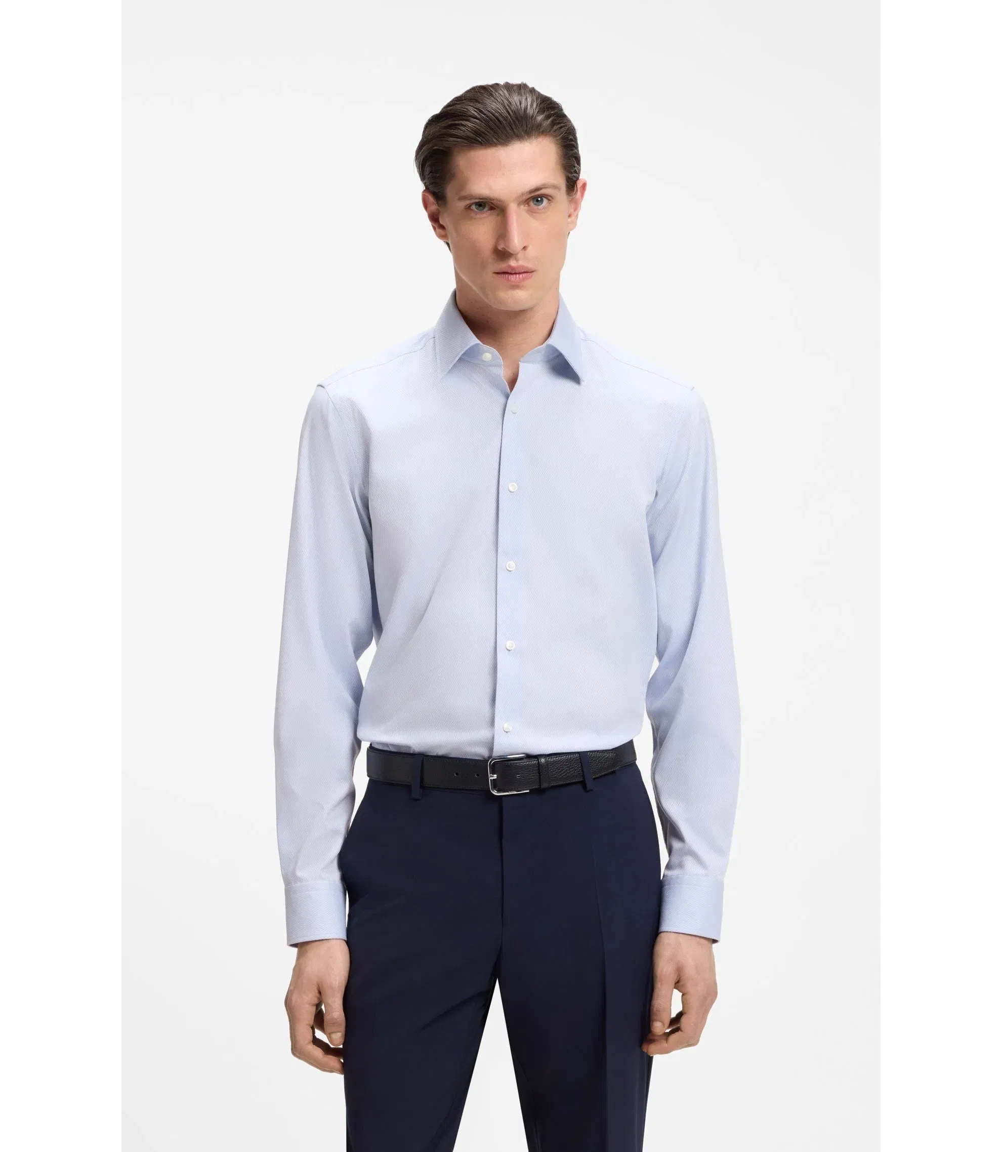 Boss Easy Iron Regular Fit Shirt In Stretch Cotton Dobby Light Blue