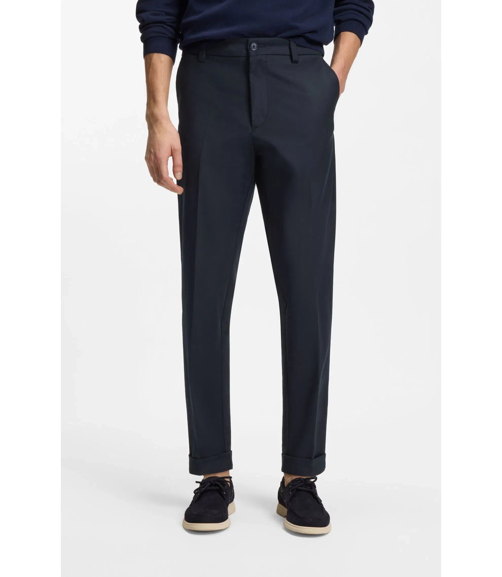 Boss Easy Iron Modern Fit Trousers In Cotton Blend Twill Dark Blue