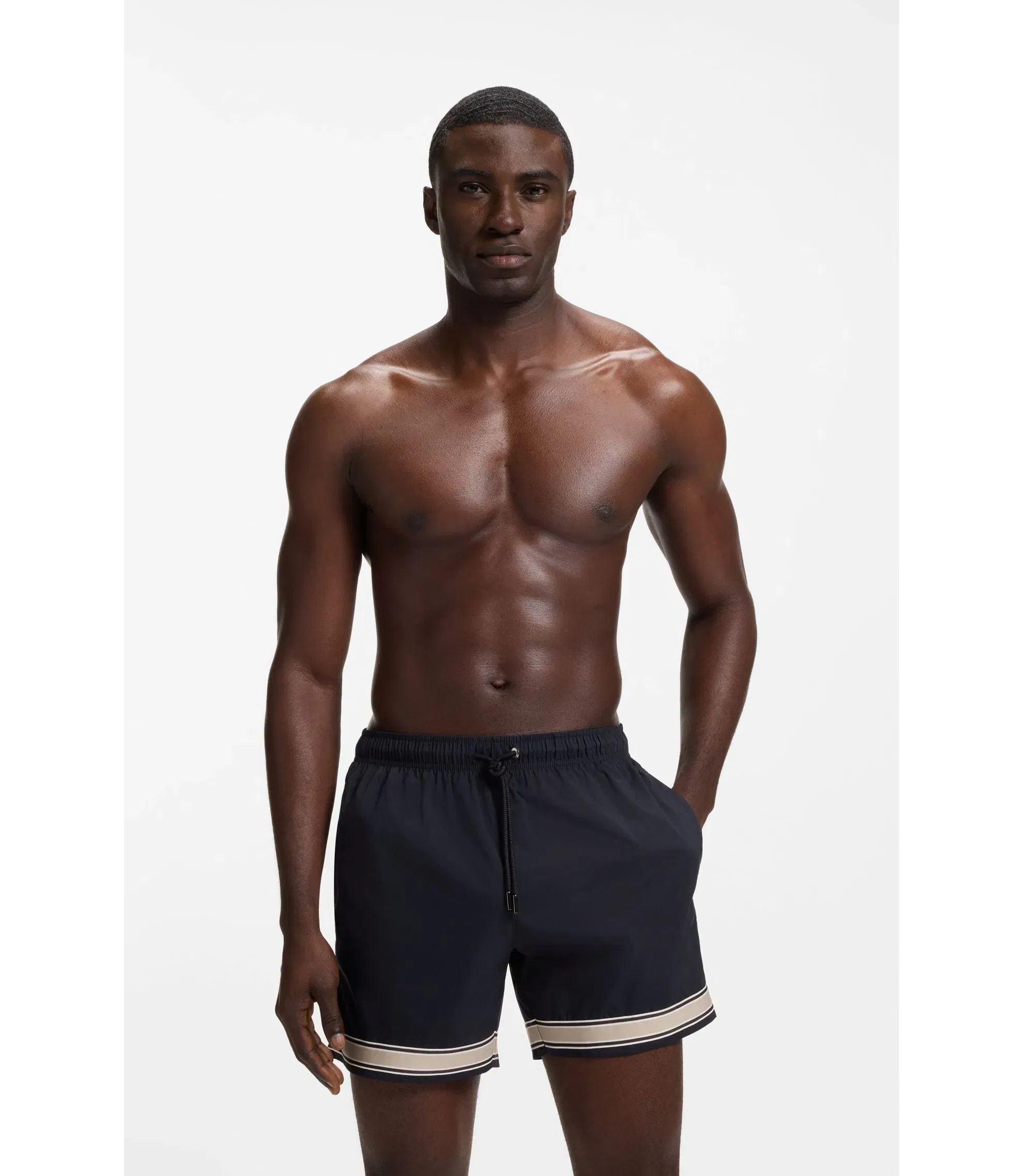 Boss Drawstring Swim Shorts In Stretch Fabric With Tape Trim Dark Blue