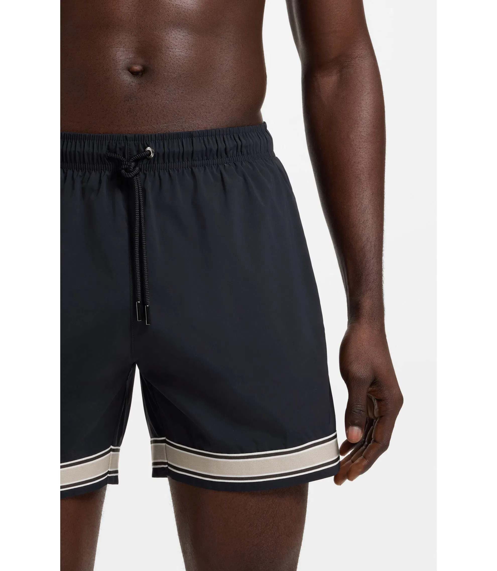 Boss Drawstring Swim Shorts In Stretch Fabric With Tape Trim Dark Blue