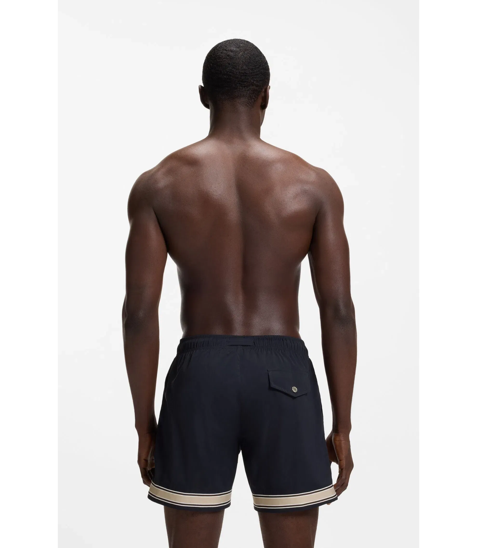 Boss Drawstring Swim Shorts In Stretch Fabric With Tape Trim Dark Blue