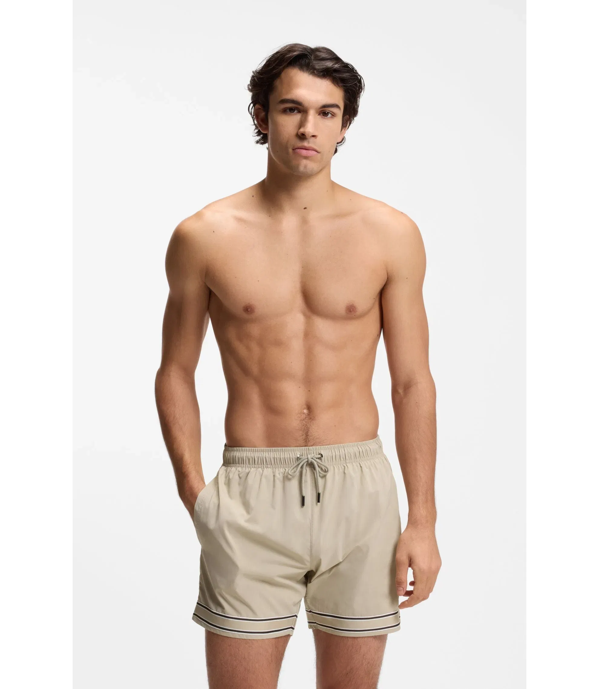 Boss Drawstring Swim Shorts In Stretch Fabric With Tape Trim Light Beige