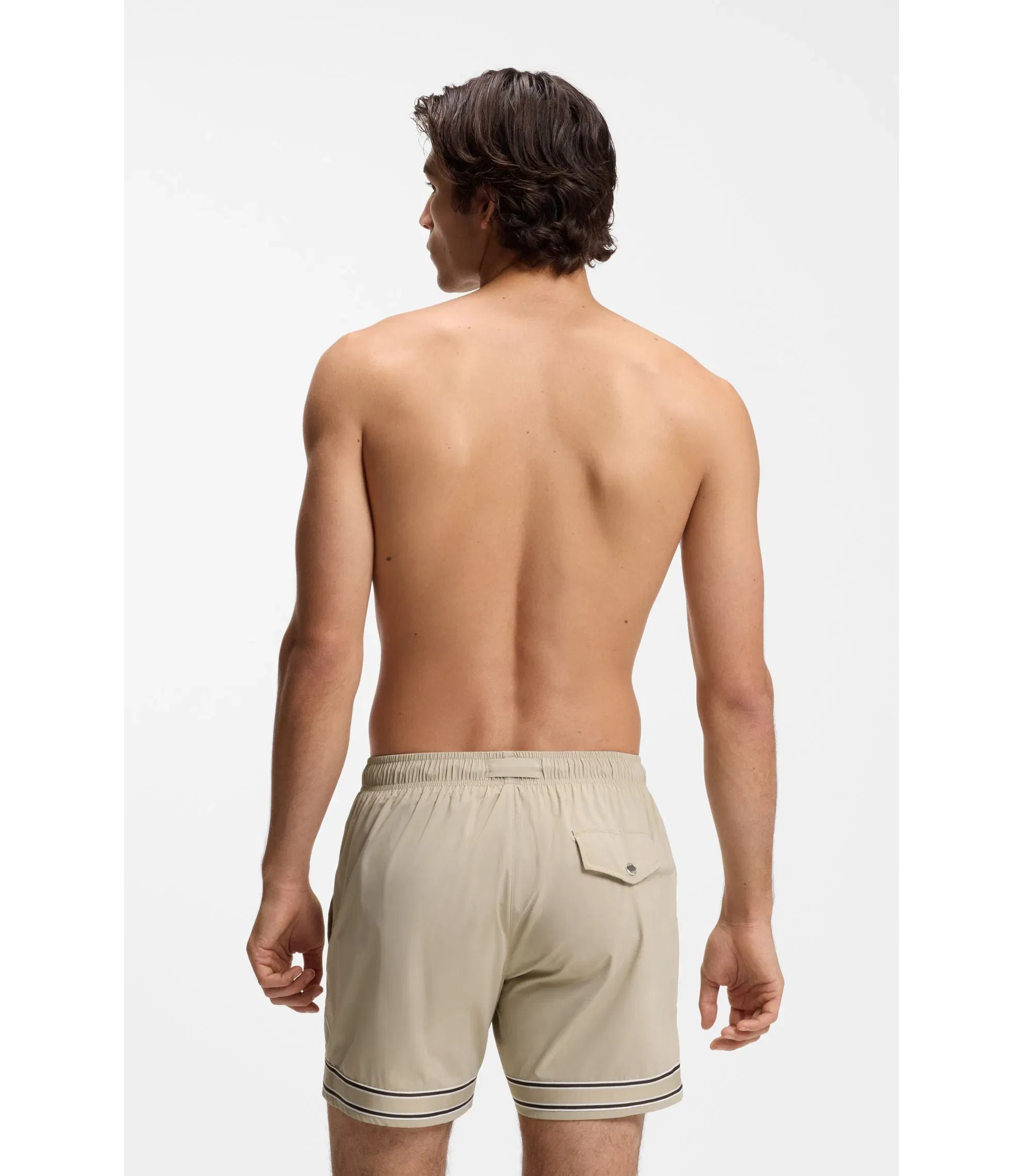 Boss Drawstring Swim Shorts In Stretch Fabric With Tape Trim Light Beige