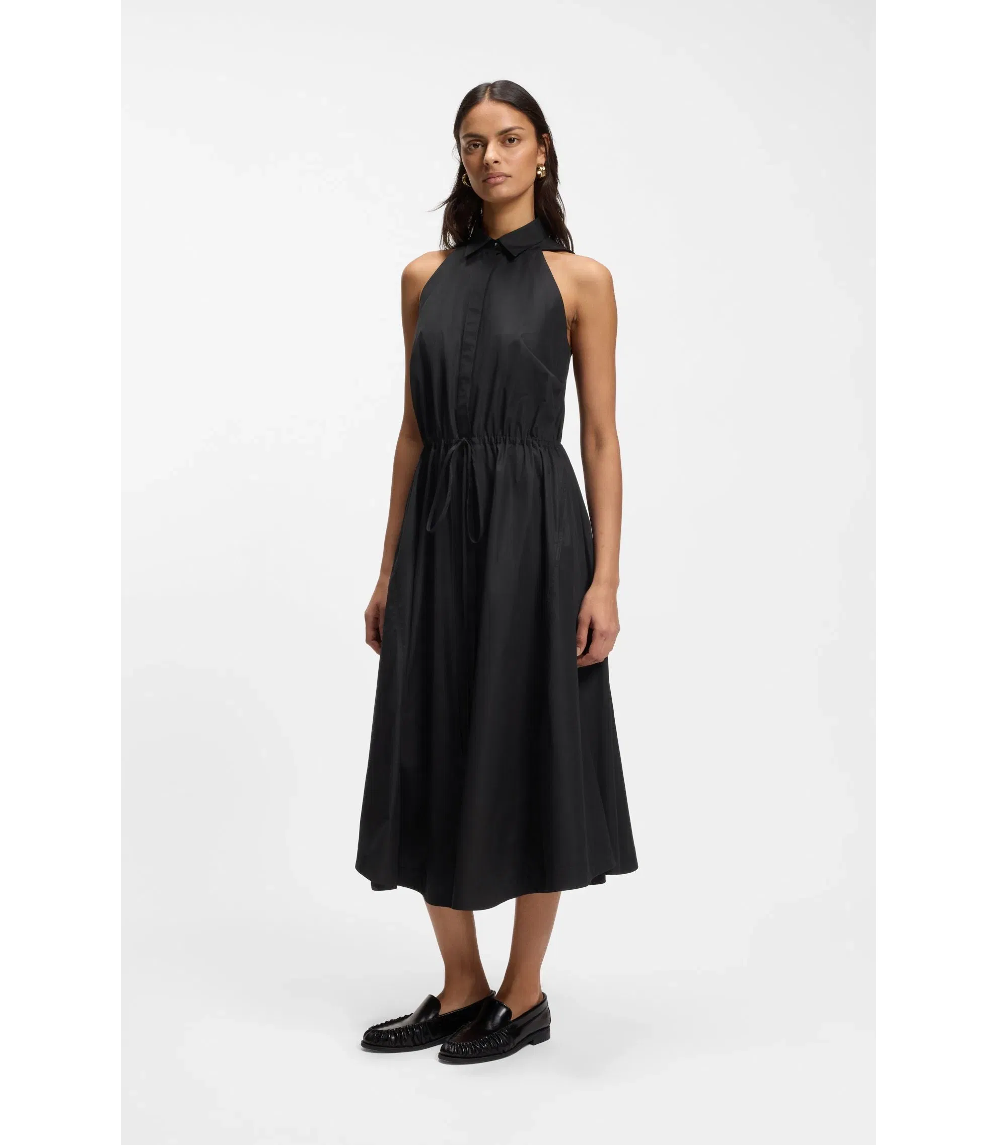 Boss Drawcord Waist Dress In Cotton Poplin Black Women's