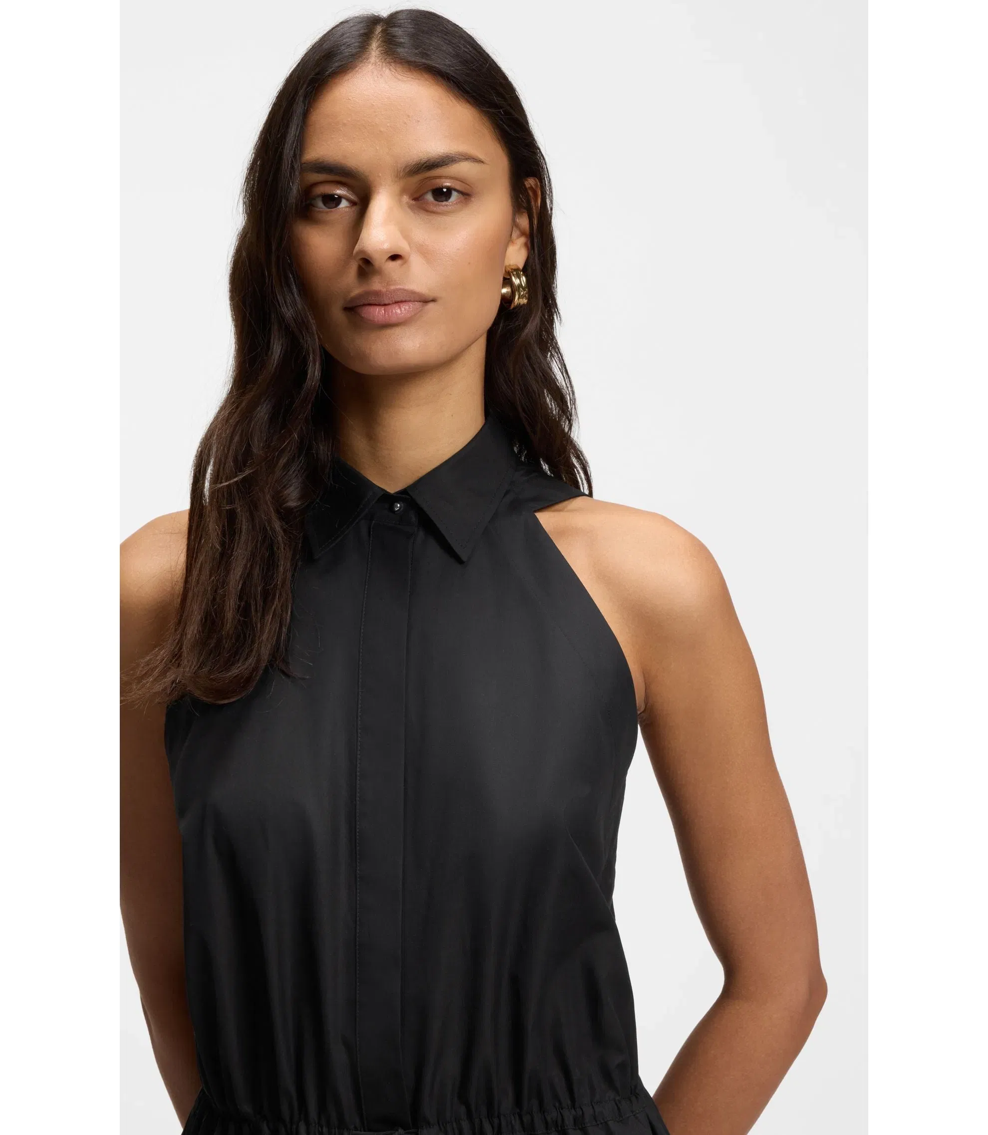 Boss Drawcord Waist Dress In Cotton Poplin Black Women's